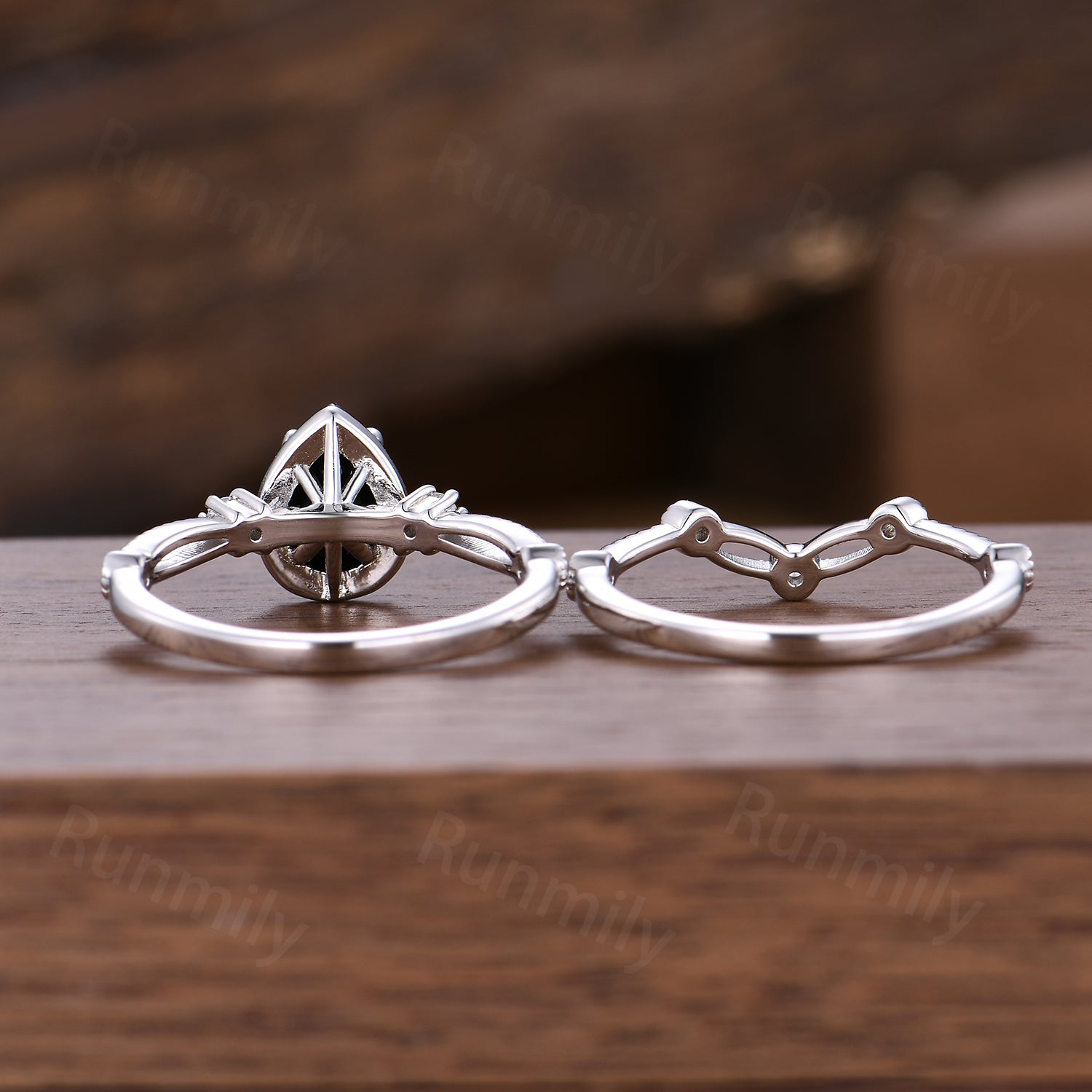 Pear Shaped Black Onyx Engagement Ring Set: Unique Silver Art Deco Milgrain Wedding Anniversary Ring