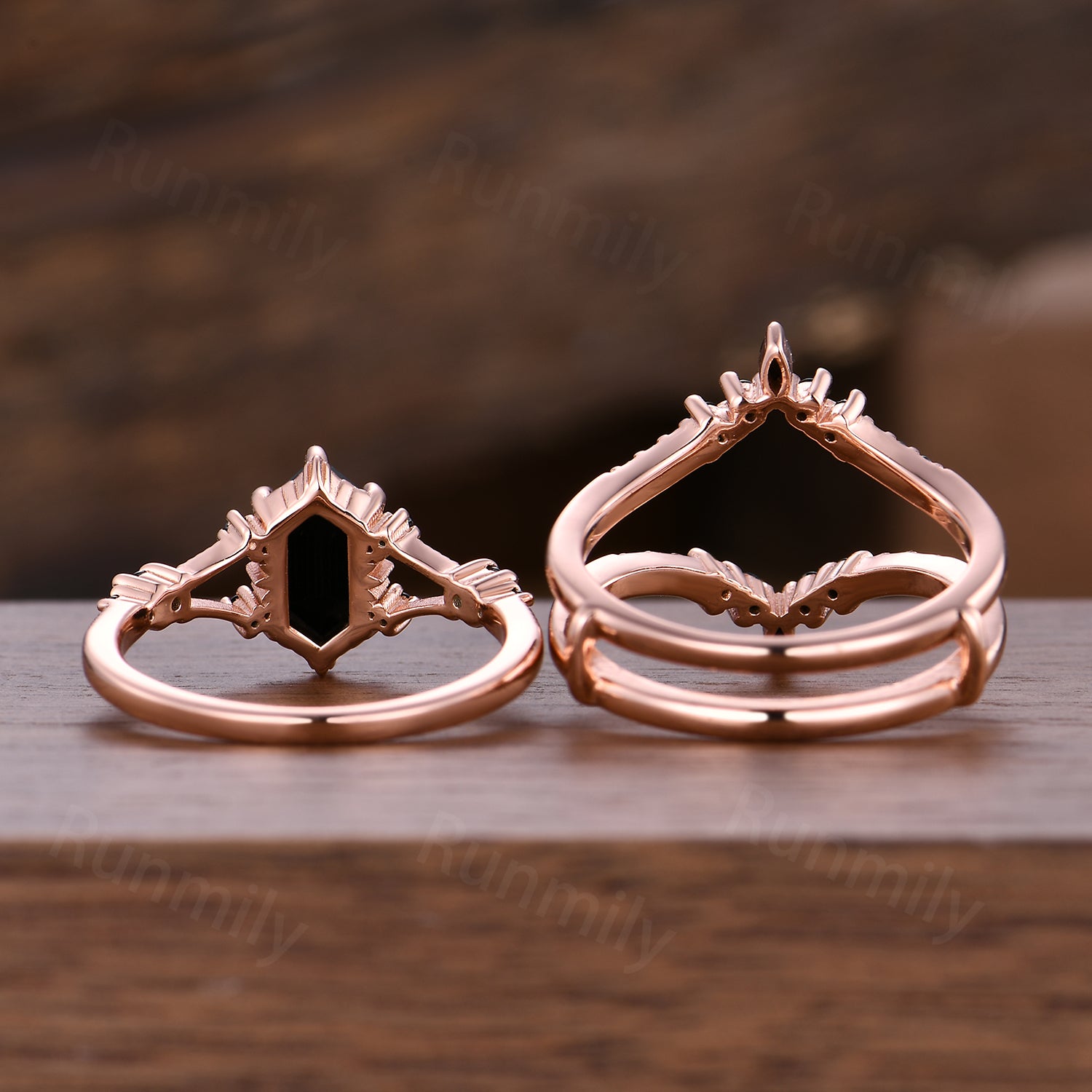 Unique Black Onyx Engagement Ring Set For Women Elongated Hexagon Gemstone In Rose Gold Art Deco Double Curved Bridal Promise Ring Set