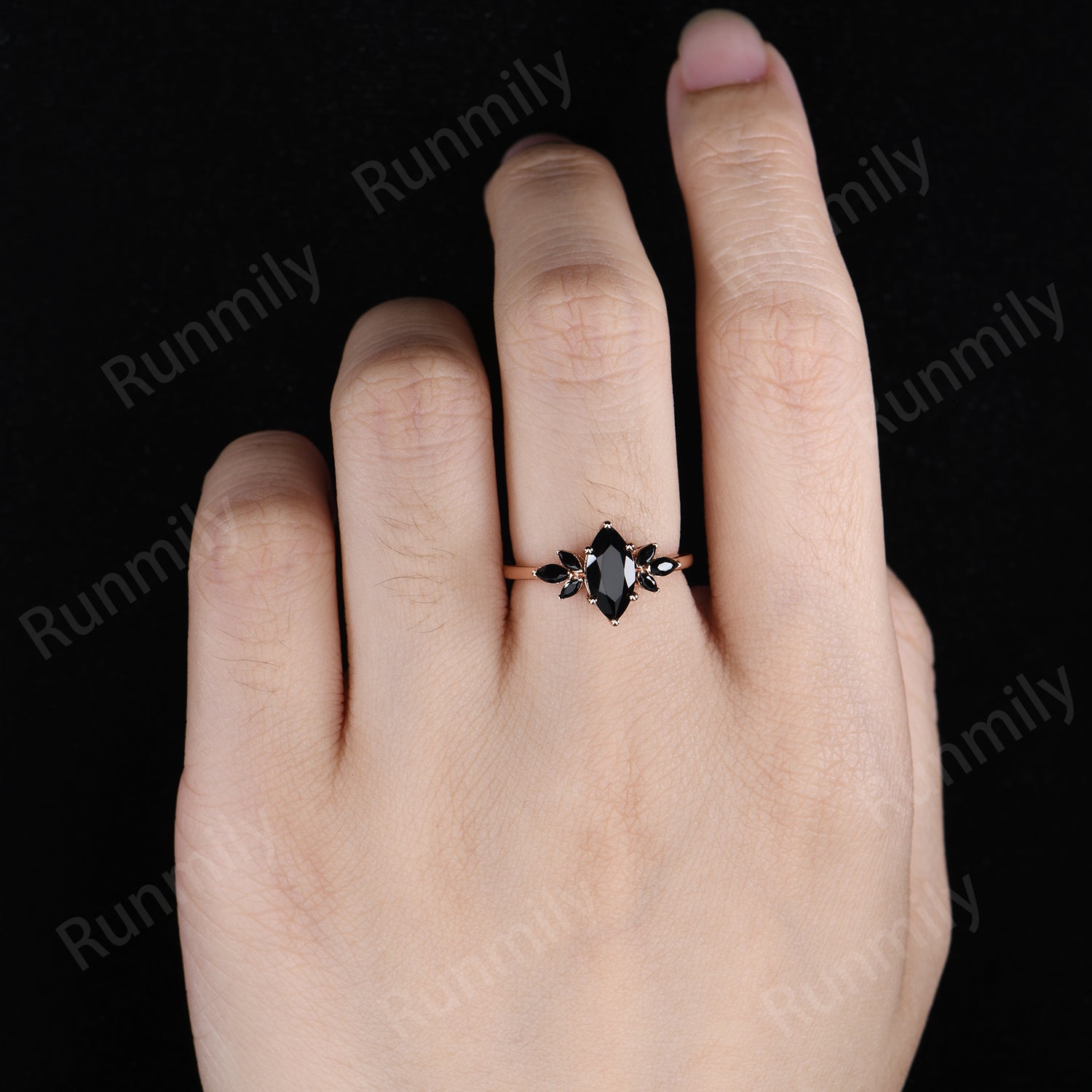 Marquise Cut Black Onyx Engagement Ring Rose Gold Ring Unique Black Onyx Cluster Wedding Ring For Women Marquise Black Spinel Wedding Ring Vintage Black Gemstone Promise Ring