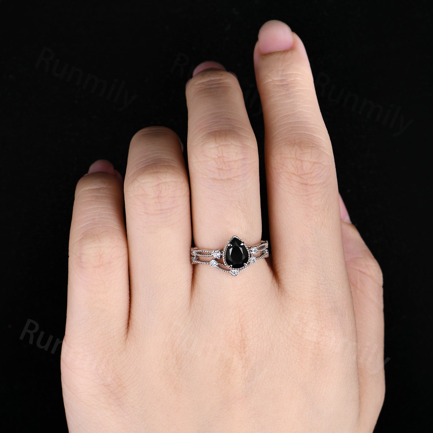 Pear Shaped Black Onyx Engagement Ring Set: Unique Silver Art Deco Milgrain Wedding Anniversary Ring