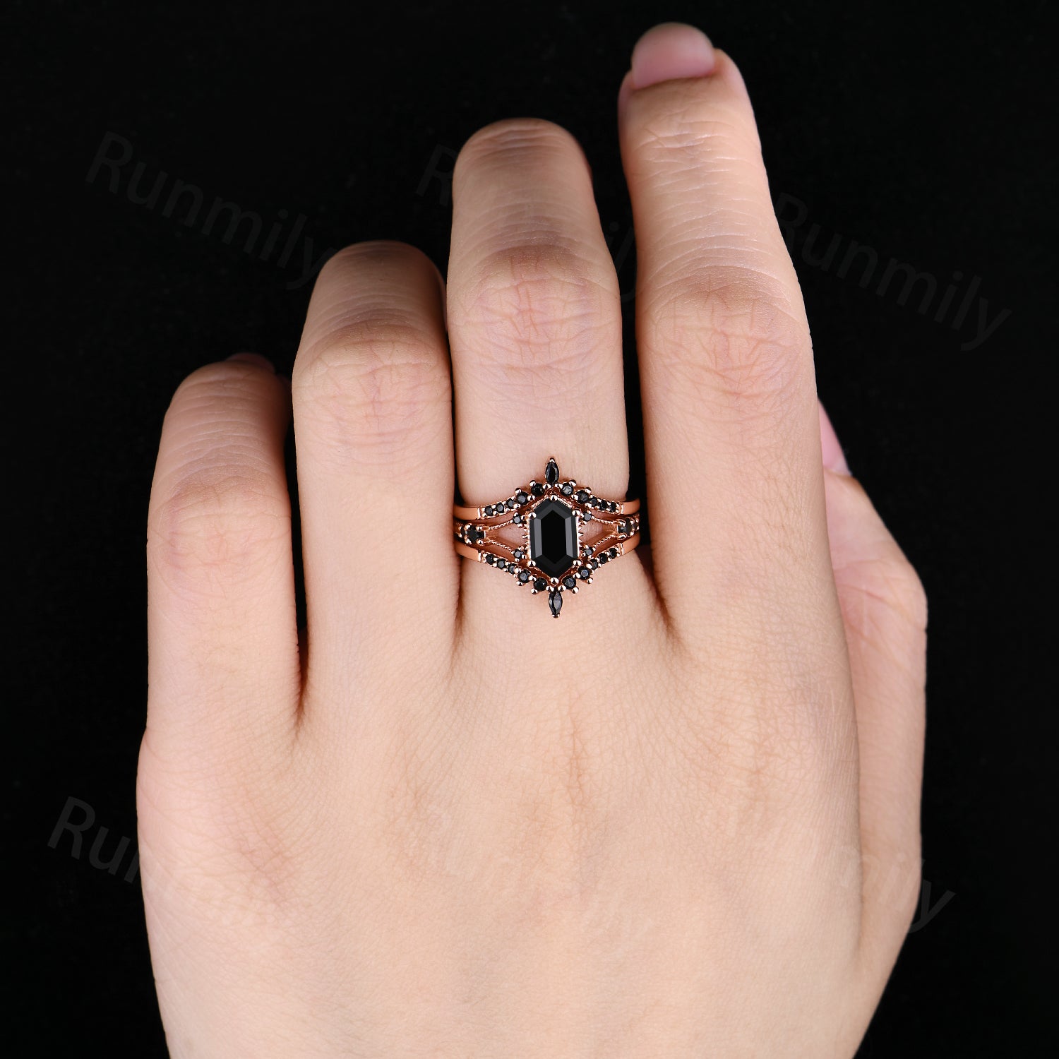 Unique Black Onyx Engagement Ring Set For Women Elongated Hexagon Gemstone In Rose Gold Art Deco Double Curved Bridal Promise Ring Set