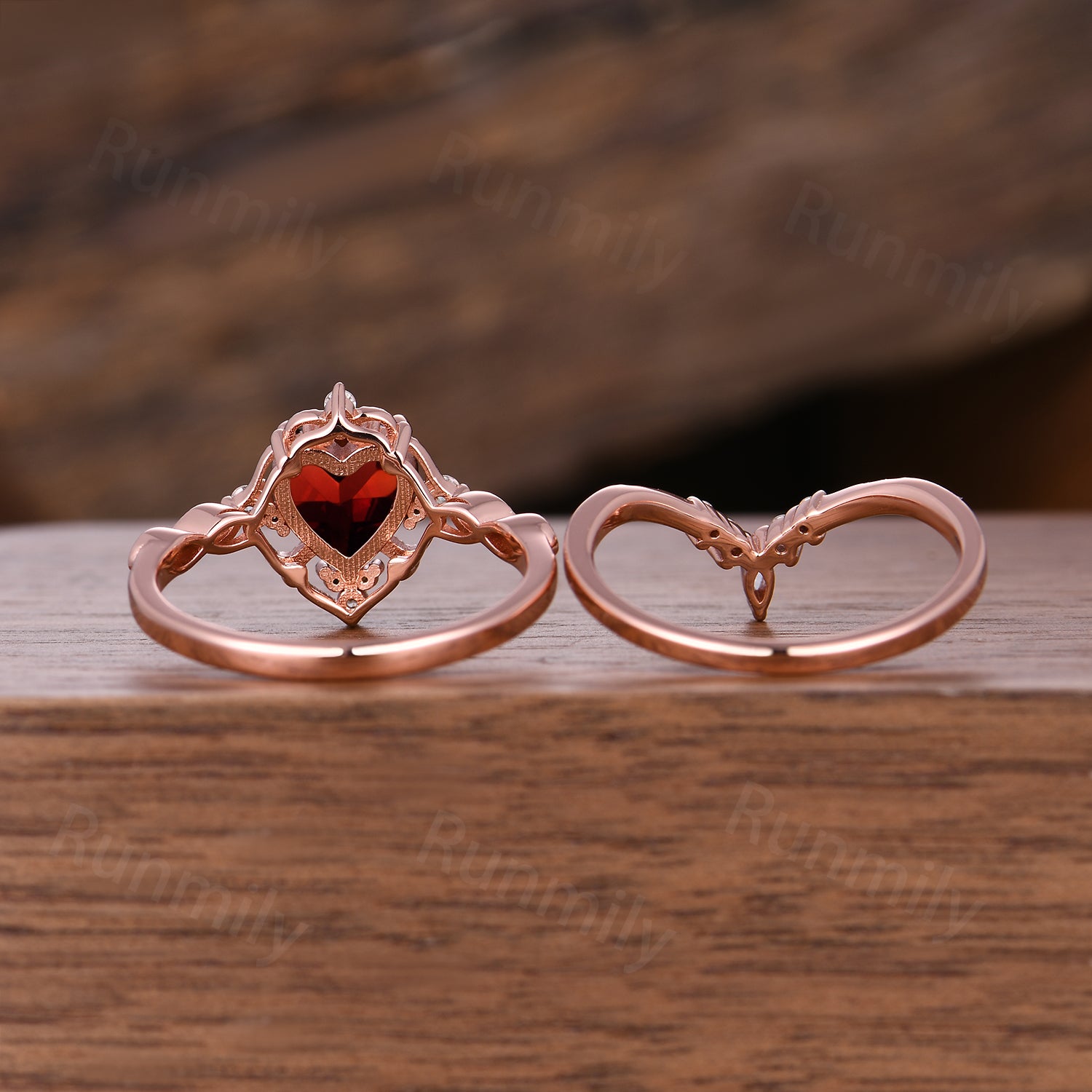 Vintage natural garnet engagement ring set: 14k rose gold moissanite wedding promise rings, romantic heart shaped garnet anniversary ring