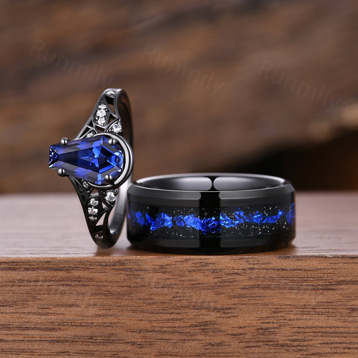Gothic Blue Sapphire & Orion Nebula Couples Ring- His and Hers Ring Set- Black Gold Matching Wedding Bands- Outer Space Couples Ring