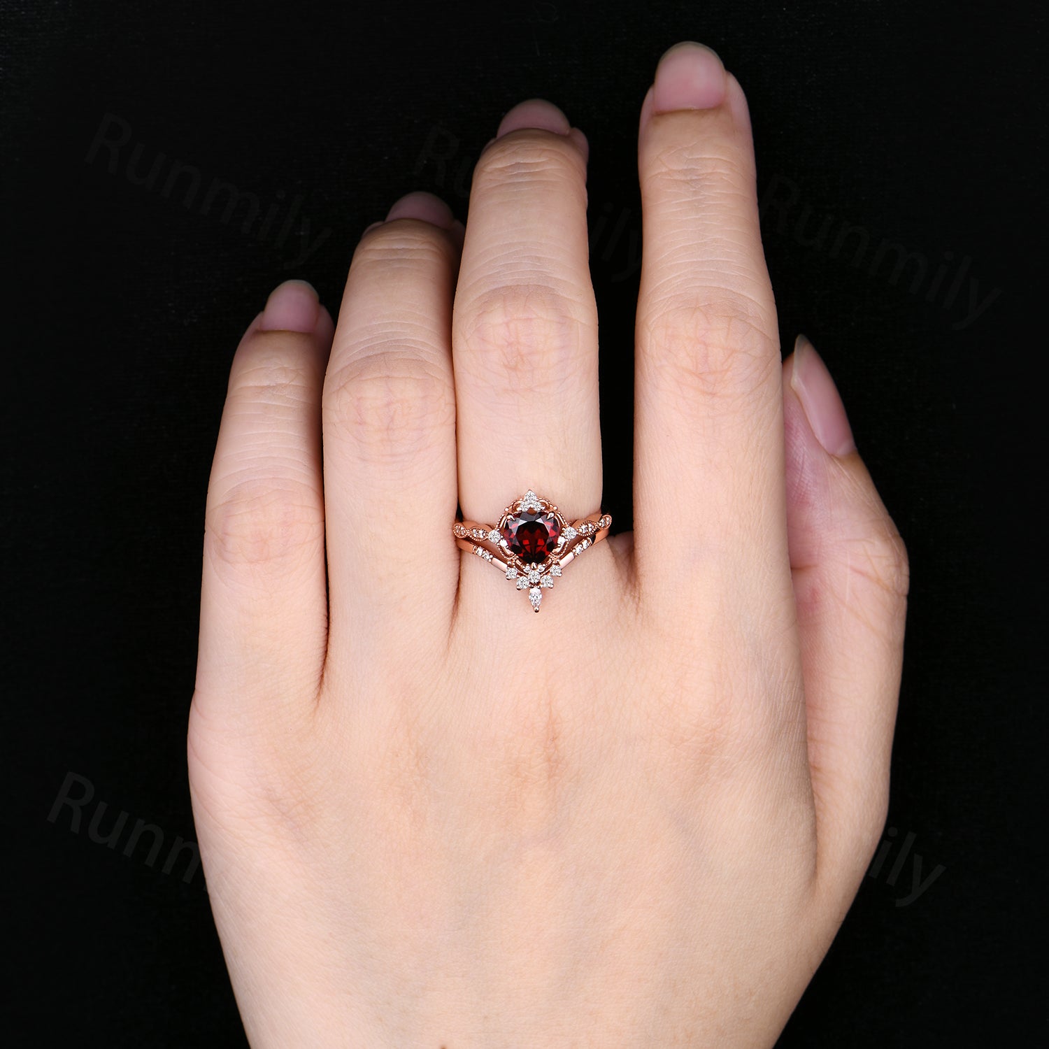 Vintage natural garnet engagement ring set: 14k rose gold moissanite wedding promise rings, romantic heart shaped garnet anniversary ring