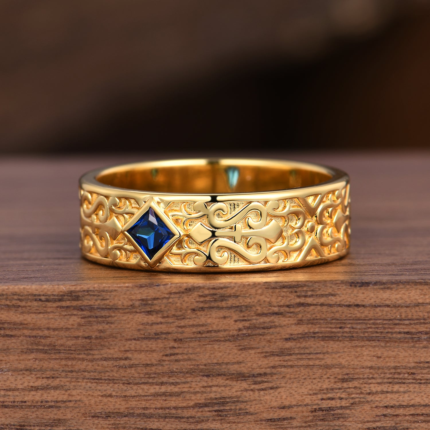 Antique Mens Blue Sapphire Wedding Band Yellow Gold Knight Mens Ring Vintage Engraved Engagement Anniversary Ring For Husband/Father