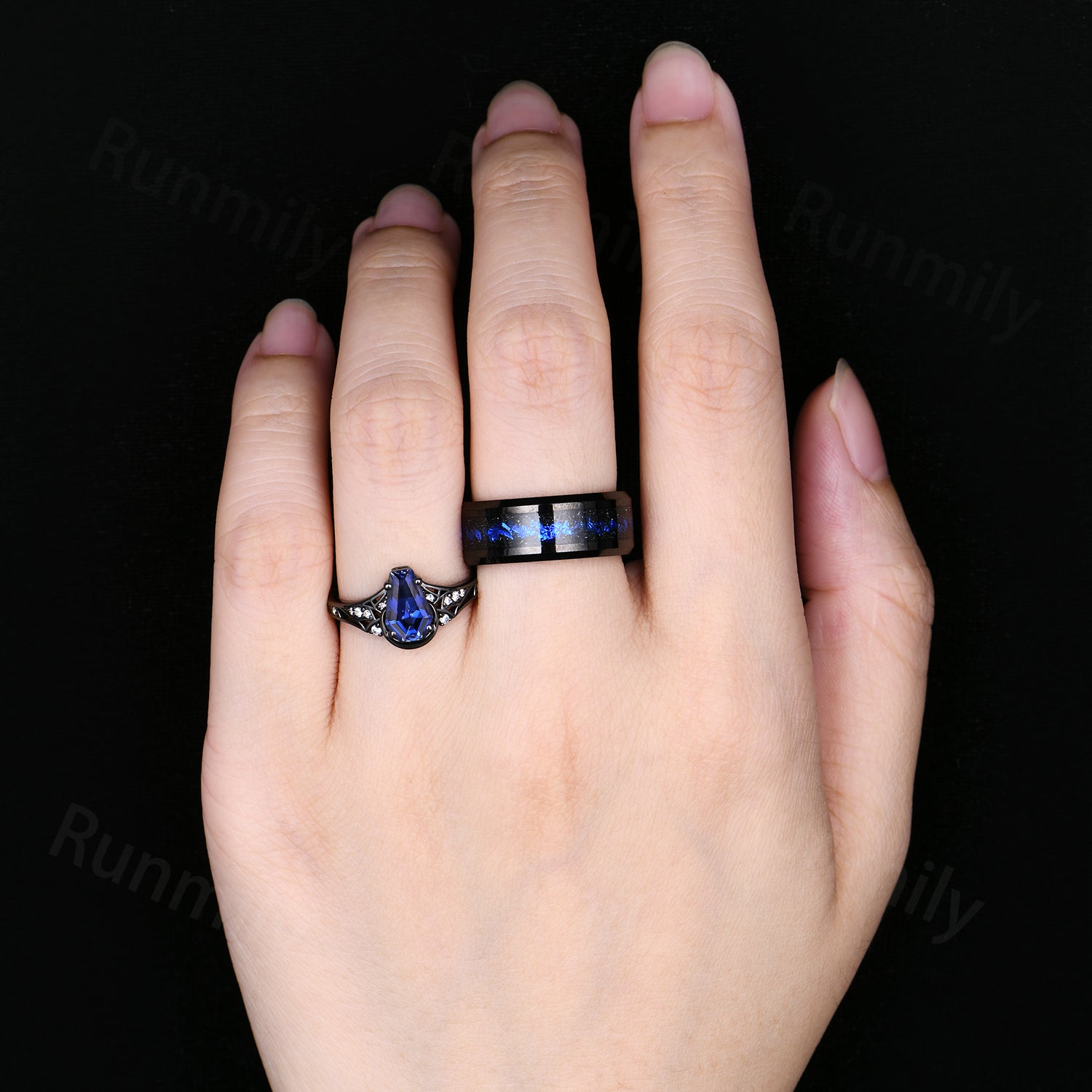 Gothic Blue Sapphire & Orion Nebula Couples Ring- His and Hers Ring Set- Black Gold Matching Wedding Bands- Outer Space Couples Ring