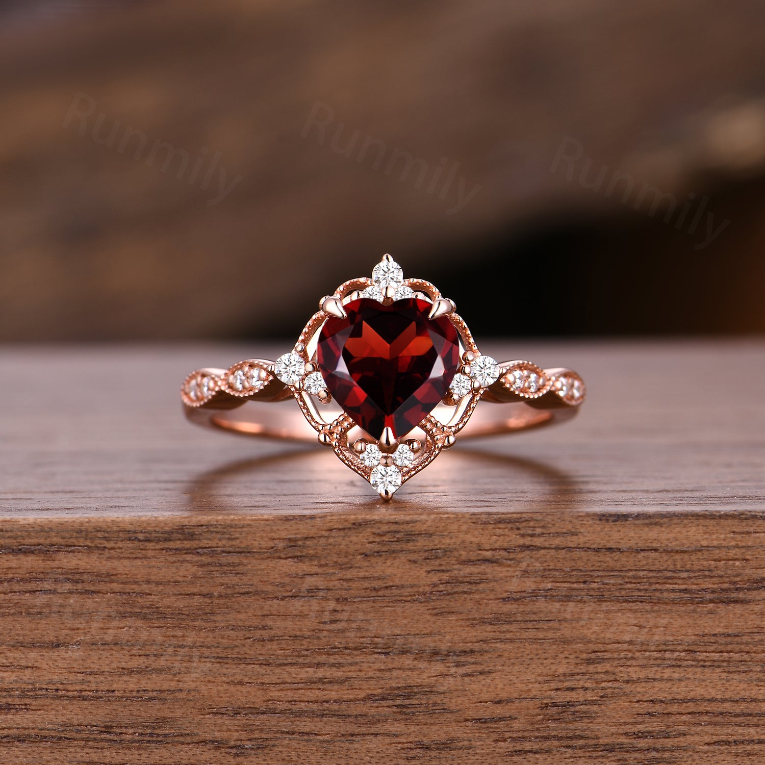 Vintage natural garnet engagement ring set: 14k rose gold moissanite wedding promise rings, romantic heart shaped garnet anniversary ring