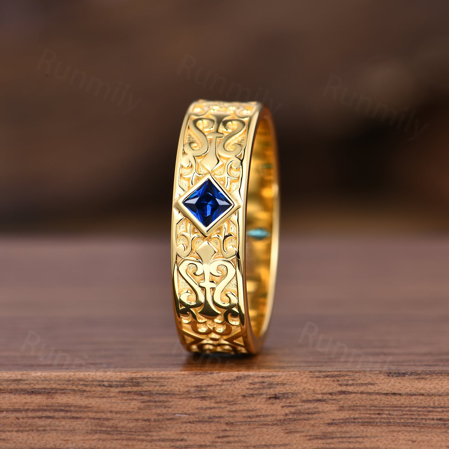Antique Mens Blue Sapphire Wedding Band Yellow Gold Knight Mens Ring Vintage Engraved Engagement Anniversary Ring For Husband/Father