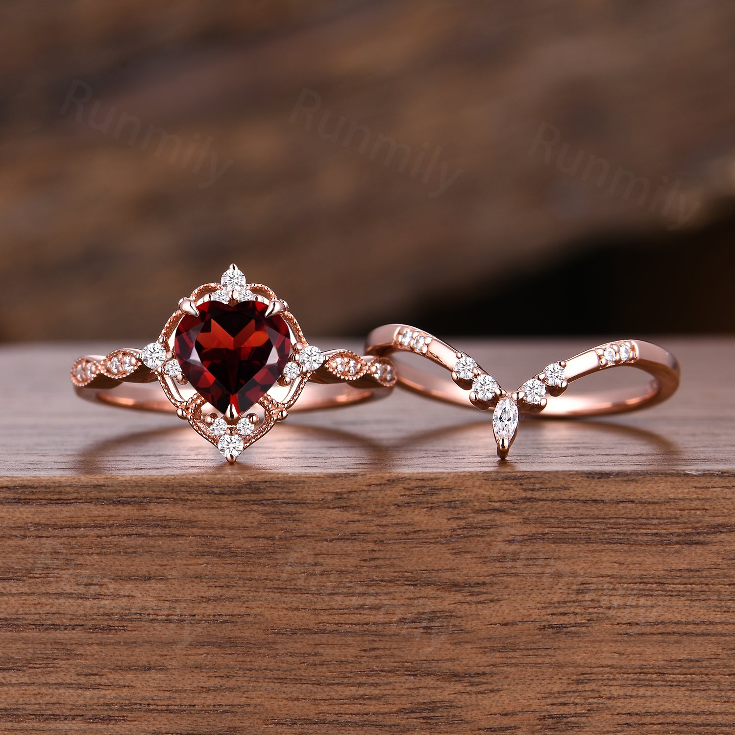 Vintage natural garnet engagement ring set: 14k rose gold moissanite wedding promise rings, romantic heart shaped garnet anniversary ring