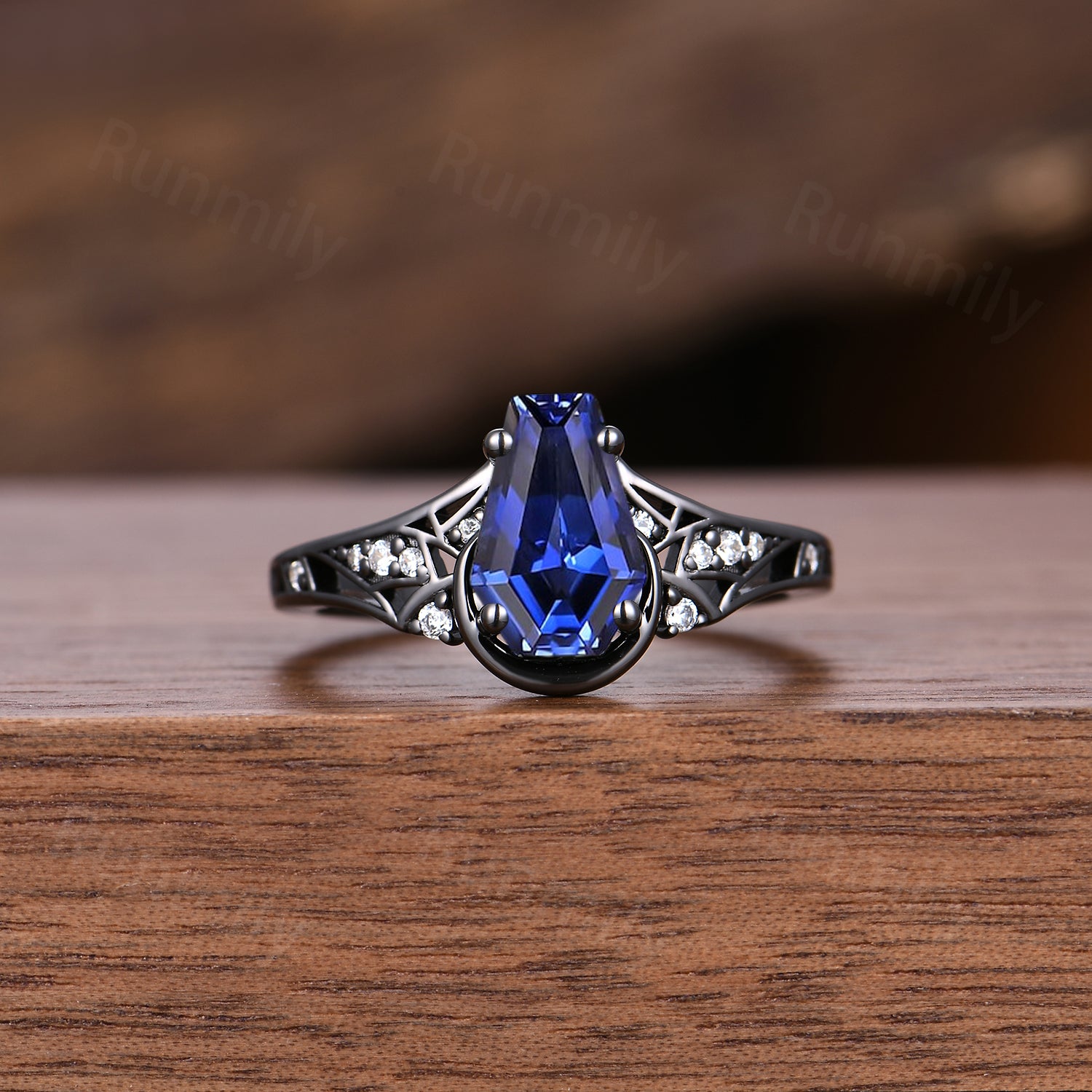 Gothic Blue Sapphire & Orion Nebula Couples Ring- His and Hers Ring Set- Black Gold Matching Wedding Bands- Outer Space Couples Ring