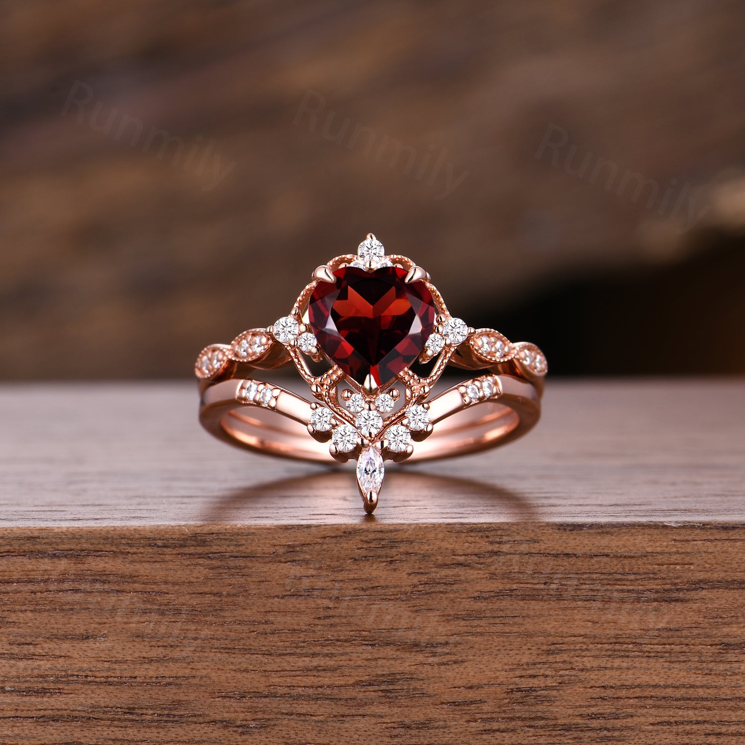 Vintage natural garnet engagement ring set: 14k rose gold moissanite wedding promise rings, romantic heart shaped garnet anniversary ring