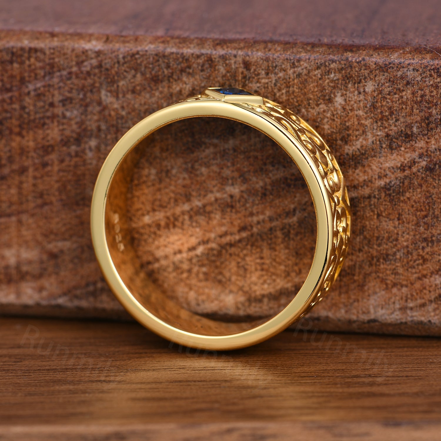 Antique Mens Blue Sapphire Wedding Band Yellow Gold Knight Mens Ring Vintage Engraved Engagement Anniversary Ring For Husband/Father
