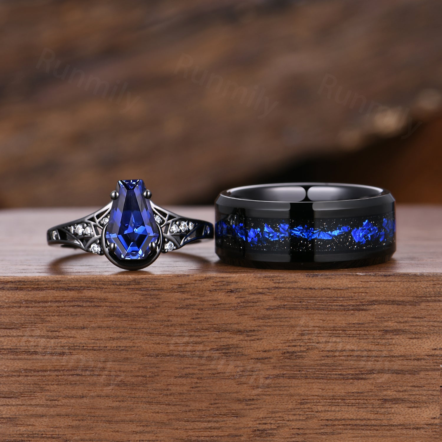 Gothic Blue Sapphire & Orion Nebula Couples Ring- His and Hers Ring Set- Black Gold Matching Wedding Bands- Outer Space Couples Ring