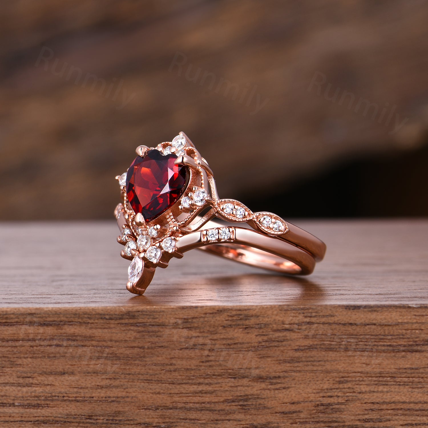Vintage natural garnet engagement ring set: 14k rose gold moissanite wedding promise rings, romantic heart shaped garnet anniversary ring