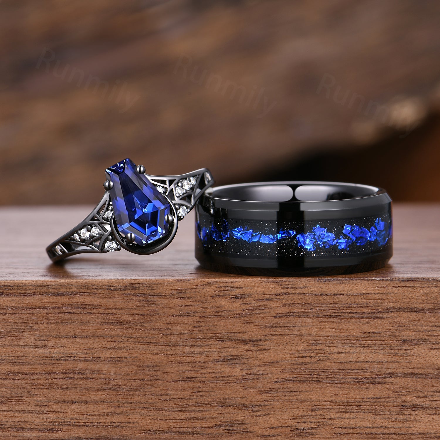 Gothic Blue Sapphire & Orion Nebula Couples Ring- His and Hers Ring Set- Black Gold Matching Wedding Bands- Outer Space Couples Ring