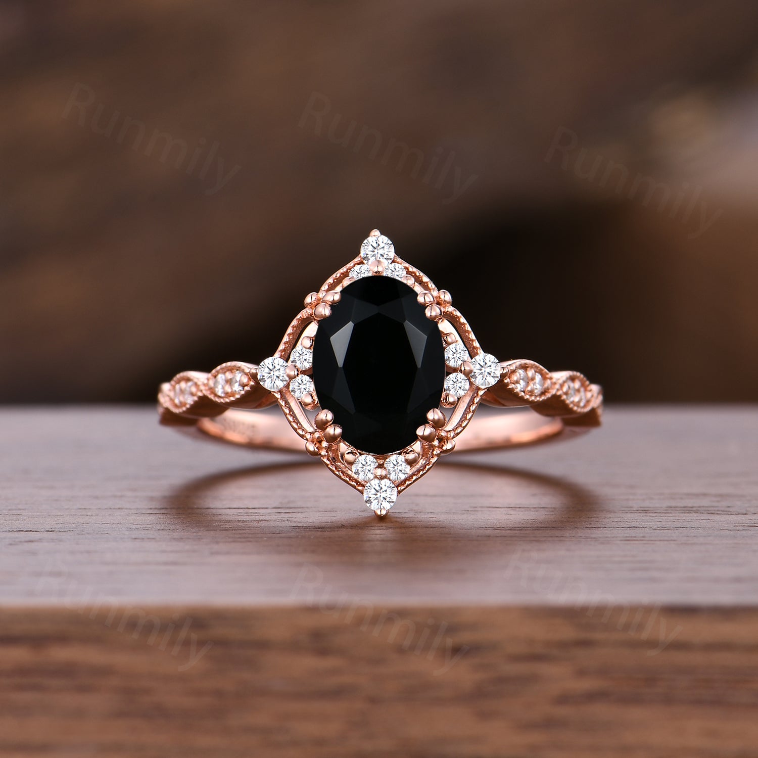 Vintage Black Onyx Engagement Ring Set Unique Curved Black Spinel Stacking Band Oval Cut Bridal Wedding Promise Ring Set