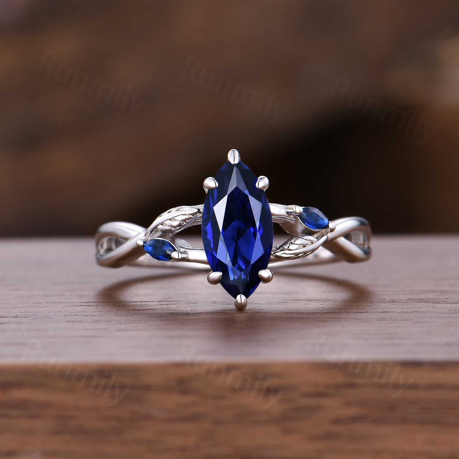 Marquise Blue Sapphire Engagement Ring Set Sterling Silver Twig Twist Wedding Ring Open Gap Stacking Bridal Promise Ring