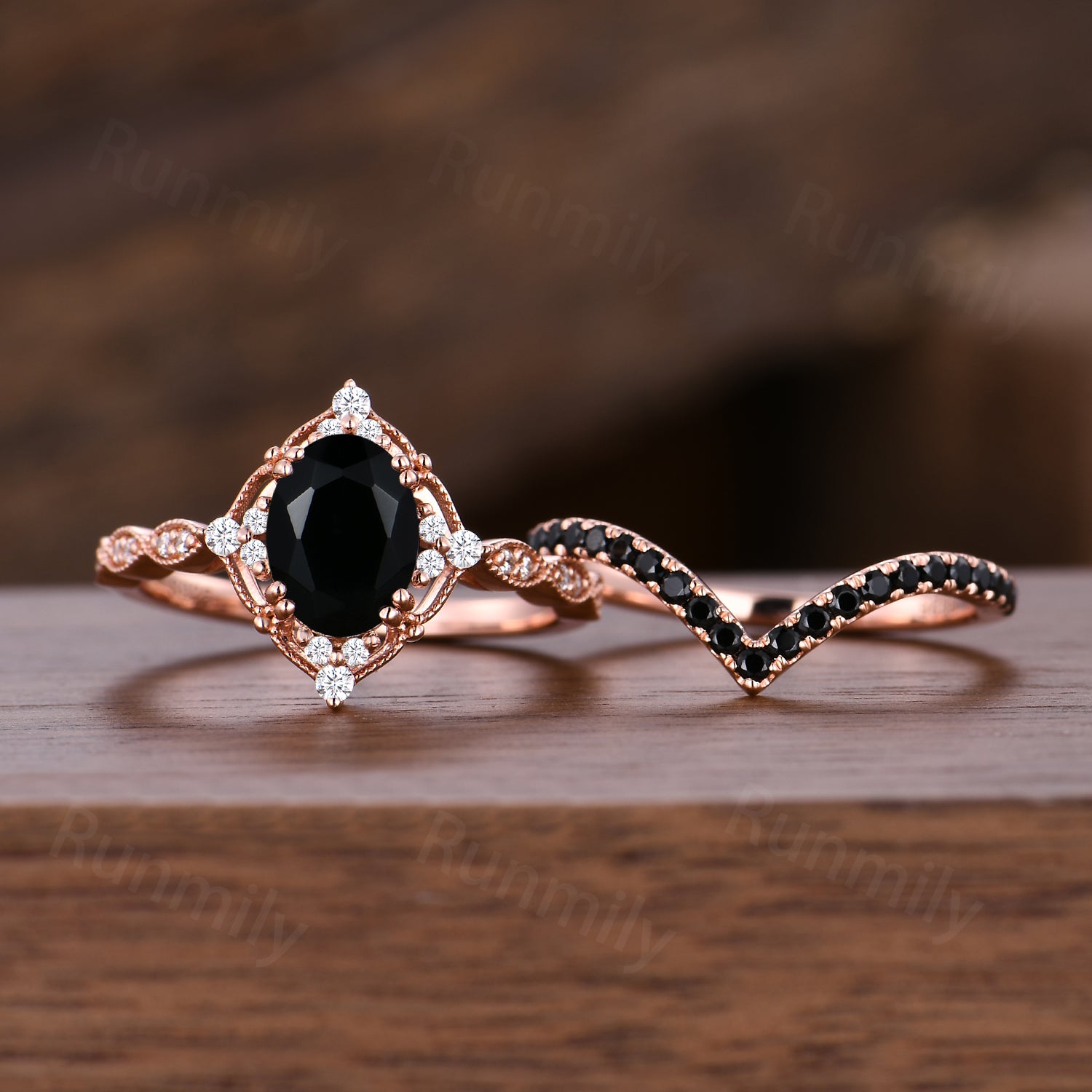 Vintage Black Onyx Engagement Ring Set Unique Curved Black Spinel Stacking Band Oval Cut Bridal Wedding Promise Ring Set