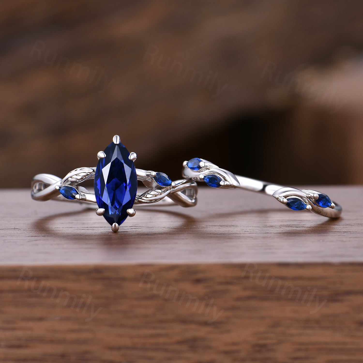Marquise Blue Sapphire Engagement Ring Set Sterling Silver Twig Twist Wedding Ring Open Gap Stacking Bridal Promise Ring