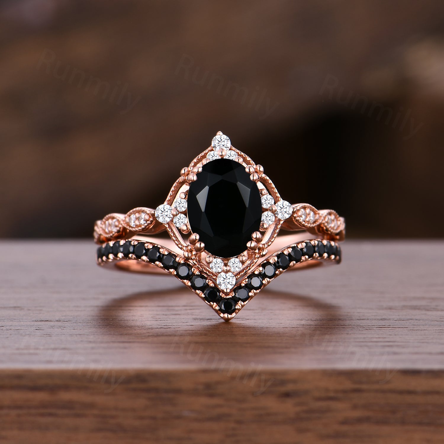 Vintage Black Onyx Engagement Ring Set Unique Curved Black Spinel Stacking Band Oval Cut Bridal Wedding Promise Ring Set