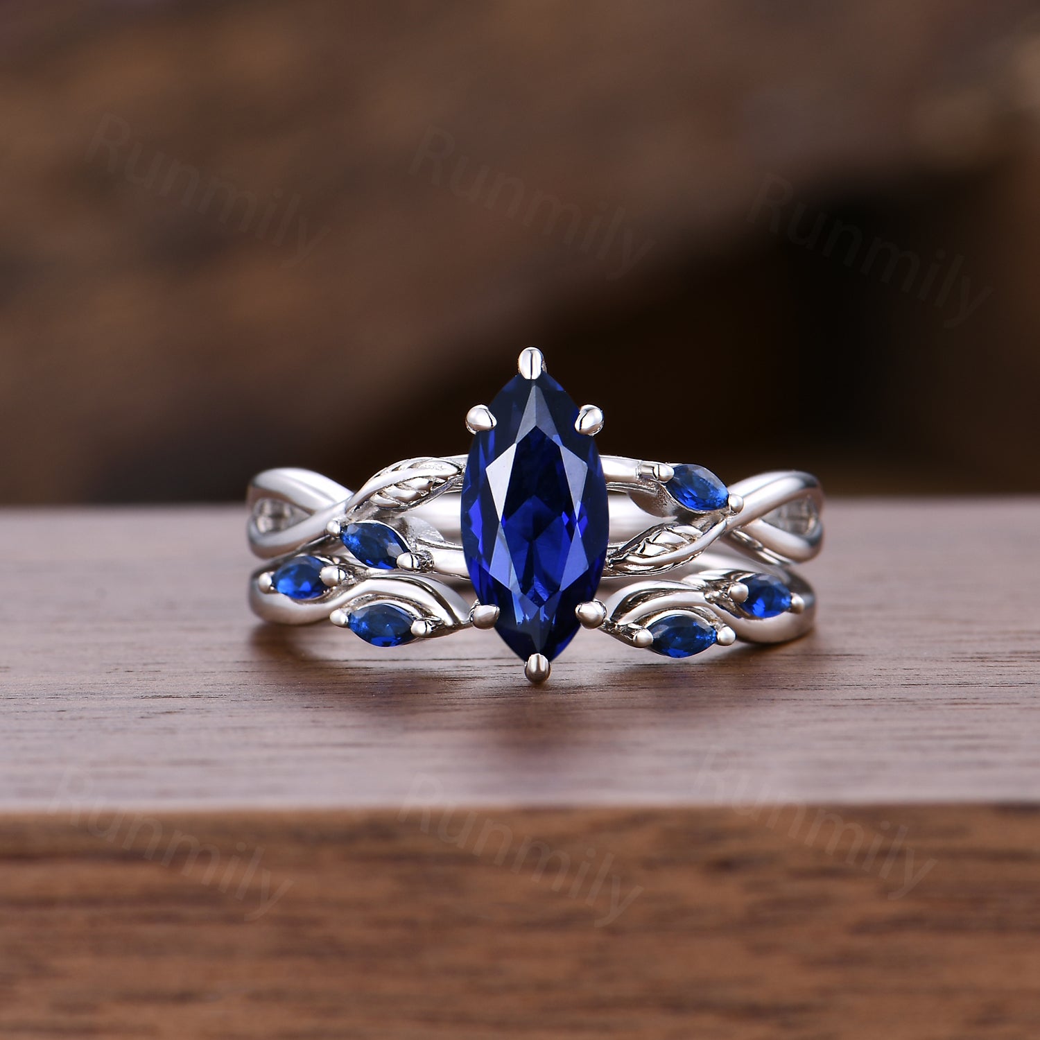 Marquise Blue Sapphire Engagement Ring Set Sterling Silver Twig Twist Wedding Ring Open Gap Stacking Bridal Promise Ring