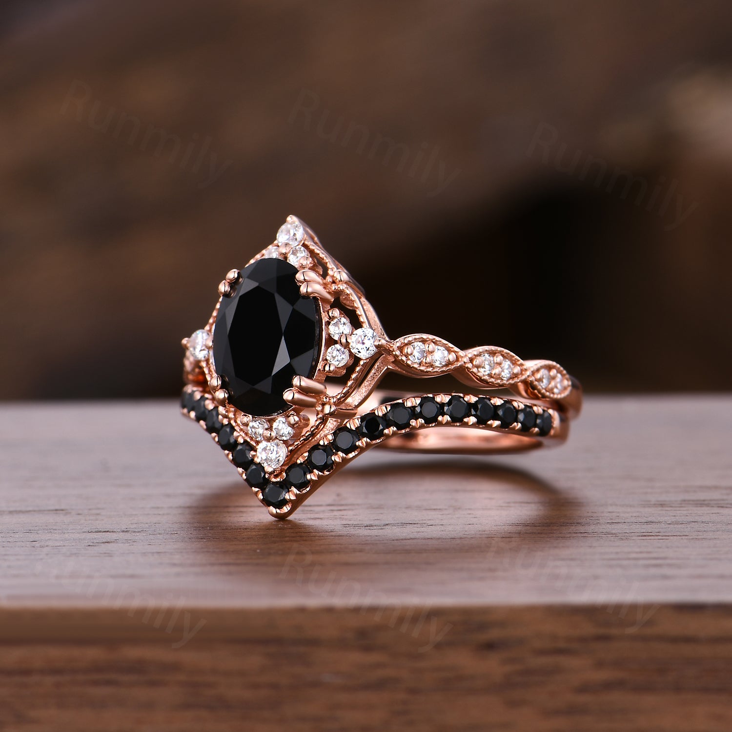 Vintage Black Onyx Engagement Ring Set Unique Curved Black Spinel Stacking Band Oval Cut Bridal Wedding Promise Ring Set