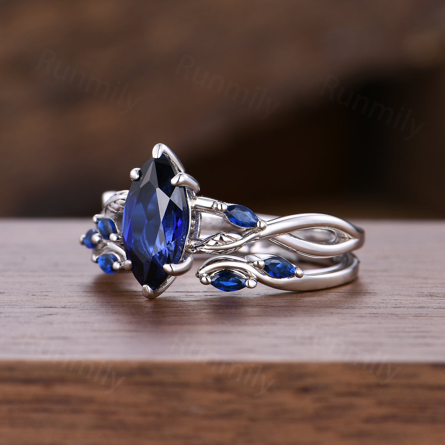 Marquise Blue Sapphire Engagement Ring Set Sterling Silver Twig Twist Wedding Ring Open Gap Stacking Bridal Promise Ring