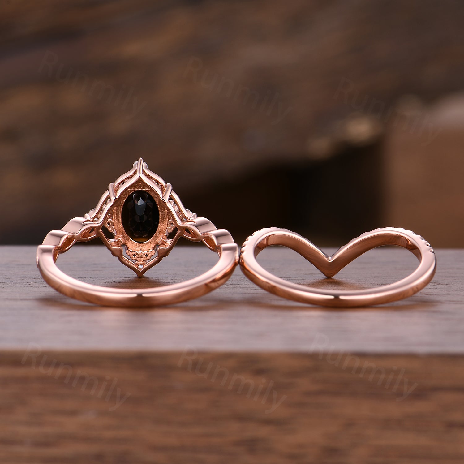 Vintage Black Onyx Engagement Ring Set Unique Curved Black Spinel Stacking Band Oval Cut Bridal Wedding Promise Ring Set