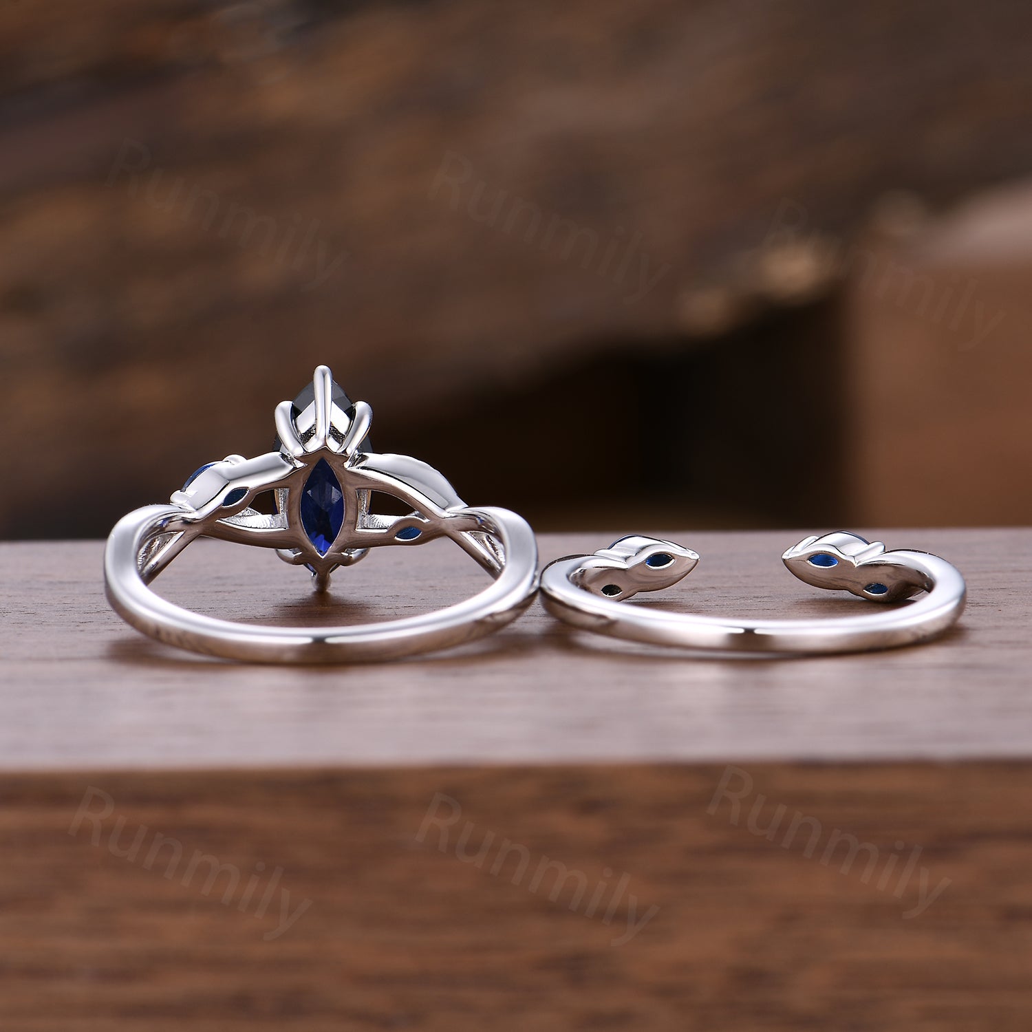 Marquise Blue Sapphire Engagement Ring Set Sterling Silver Twig Twist Wedding Ring Open Gap Stacking Bridal Promise Ring