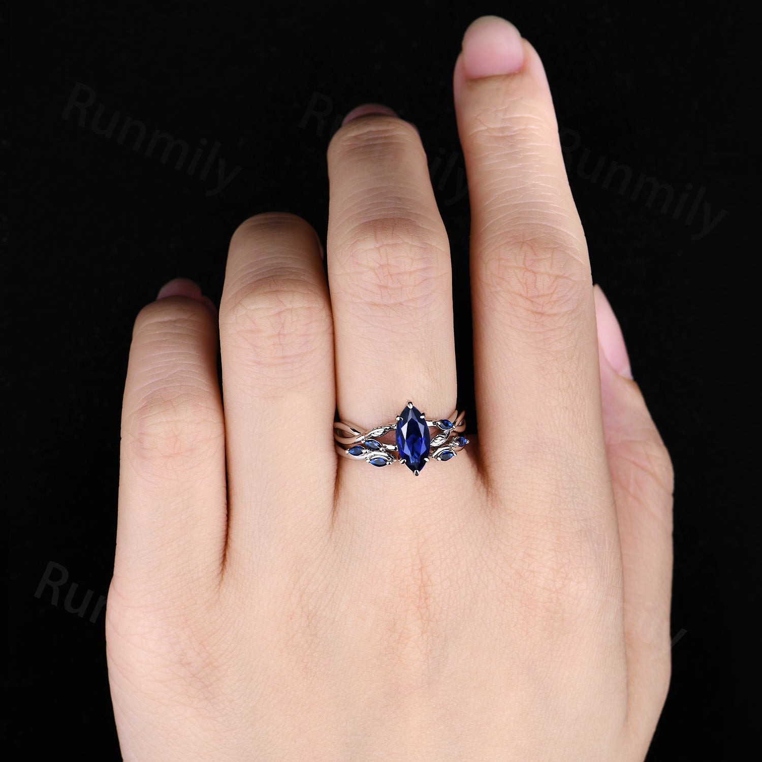 Marquise Blue Sapphire Engagement Ring Set Sterling Silver Twig Twist Wedding Ring Open Gap Stacking Bridal Promise Ring
