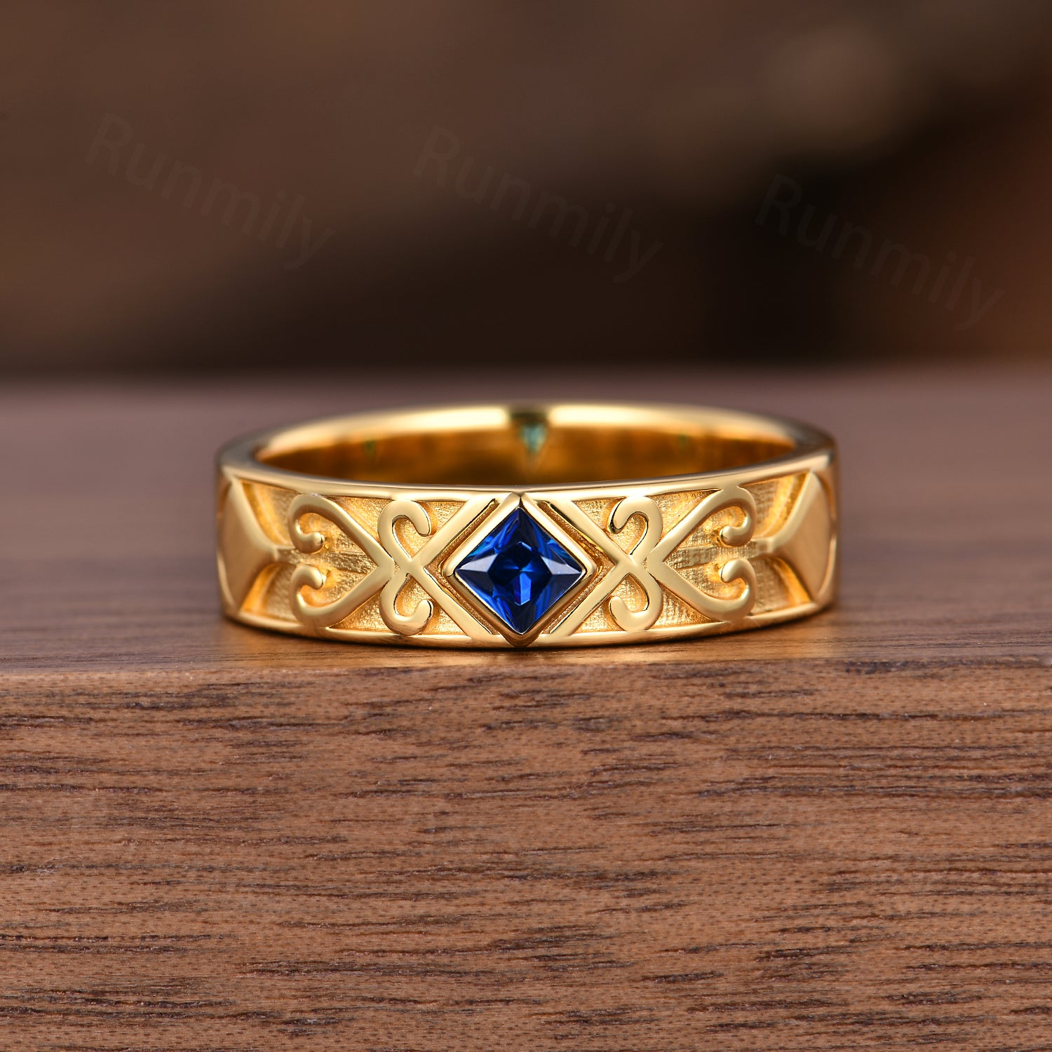 Celtic Knot Yellow Gold Men's Wedding Ring with Princess cut Blue Sapphire & Engraved Scroll Details