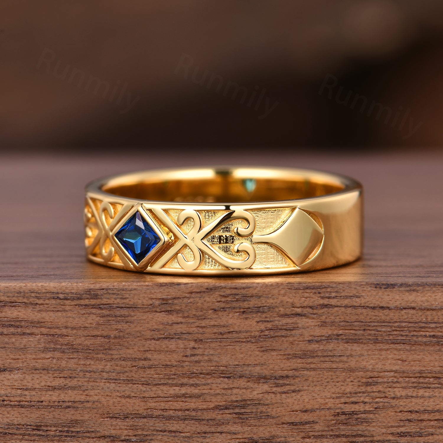 Celtic Knot Yellow Gold Men's Wedding Ring with Princess cut Blue Sapphire & Engraved Scroll Details