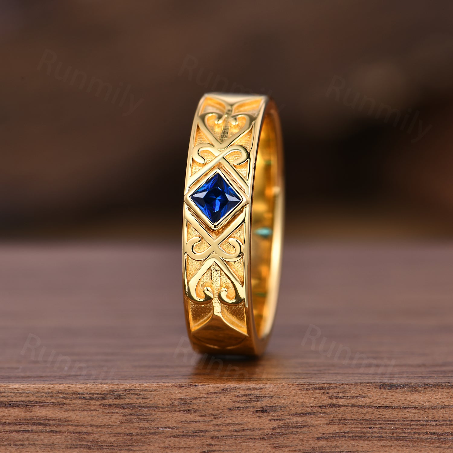 Celtic Knot Yellow Gold Men's Wedding Ring with Princess cut Blue Sapphire & Engraved Scroll Details
