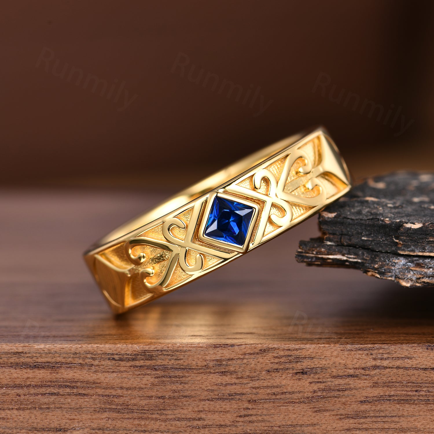 Celtic Knot Yellow Gold Men's Wedding Ring with Princess cut Blue Sapphire & Engraved Scroll Details