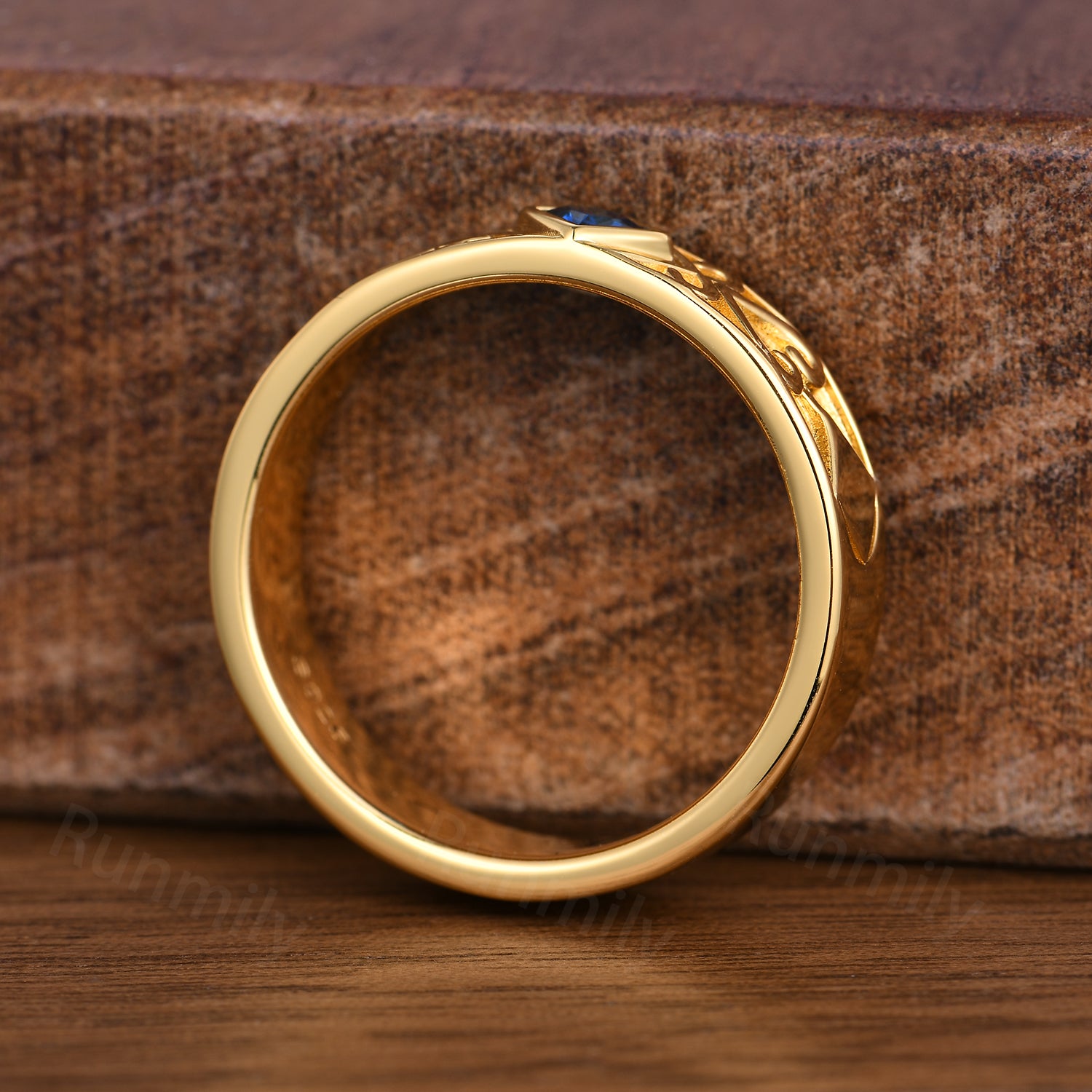 Celtic Knot Yellow Gold Men's Wedding Ring with Princess cut Blue Sapphire & Engraved Scroll Details