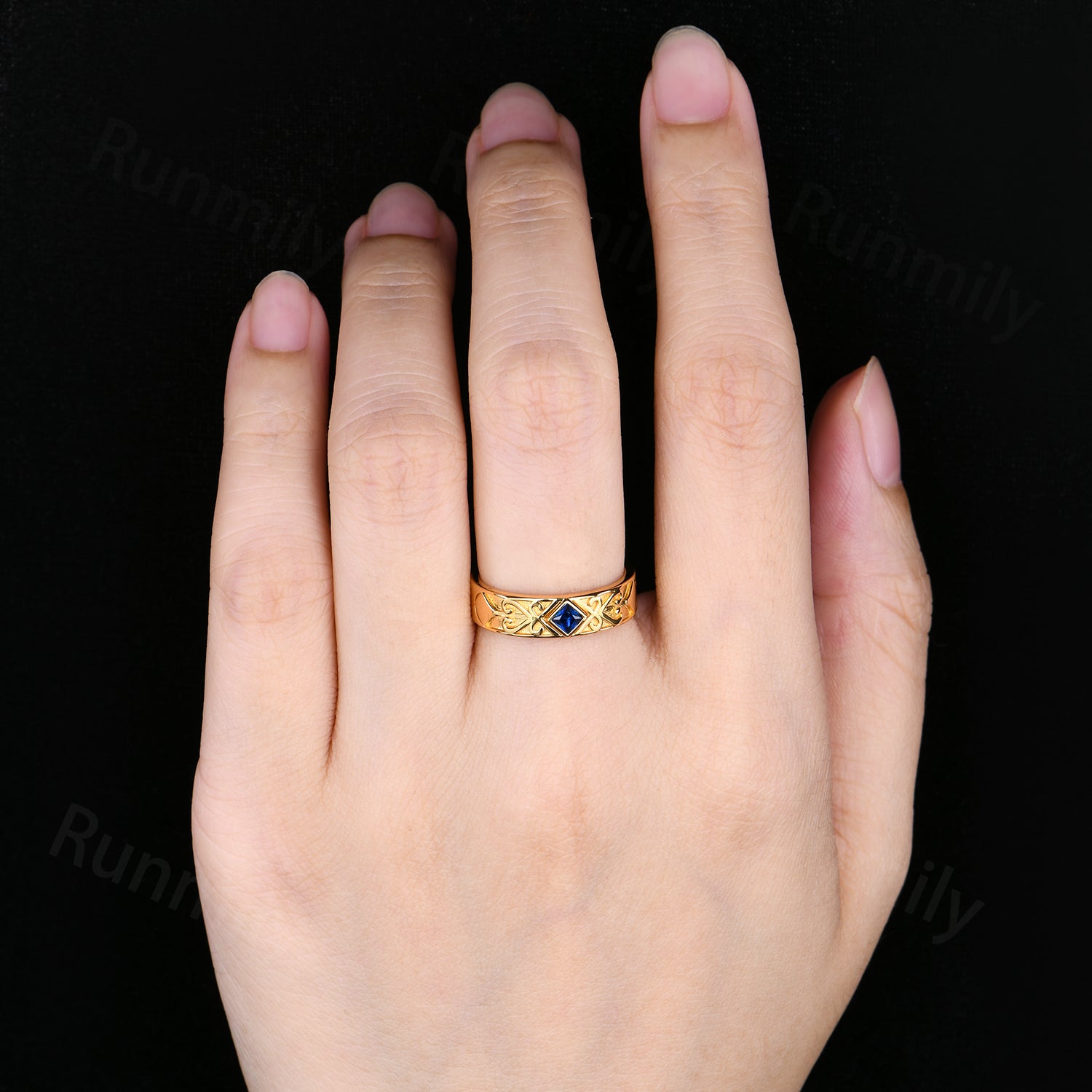 Celtic Knot Yellow Gold Men's Wedding Ring with Princess cut Blue Sapphire & Engraved Scroll Details
