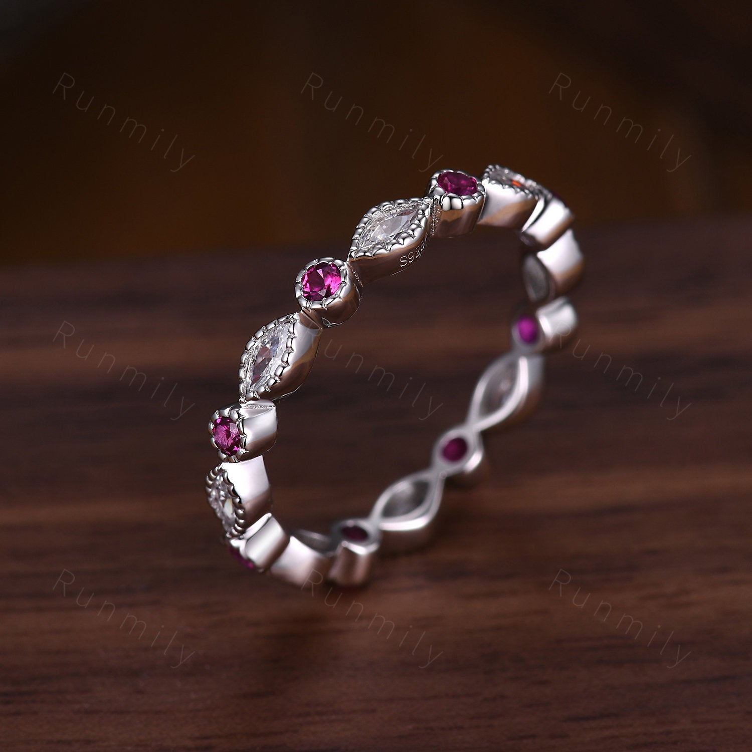 Art deco wedding band women Moissanite wedding band Marquise cut Diamond stacking matching Unique ruby vintage ring Promise gift for her