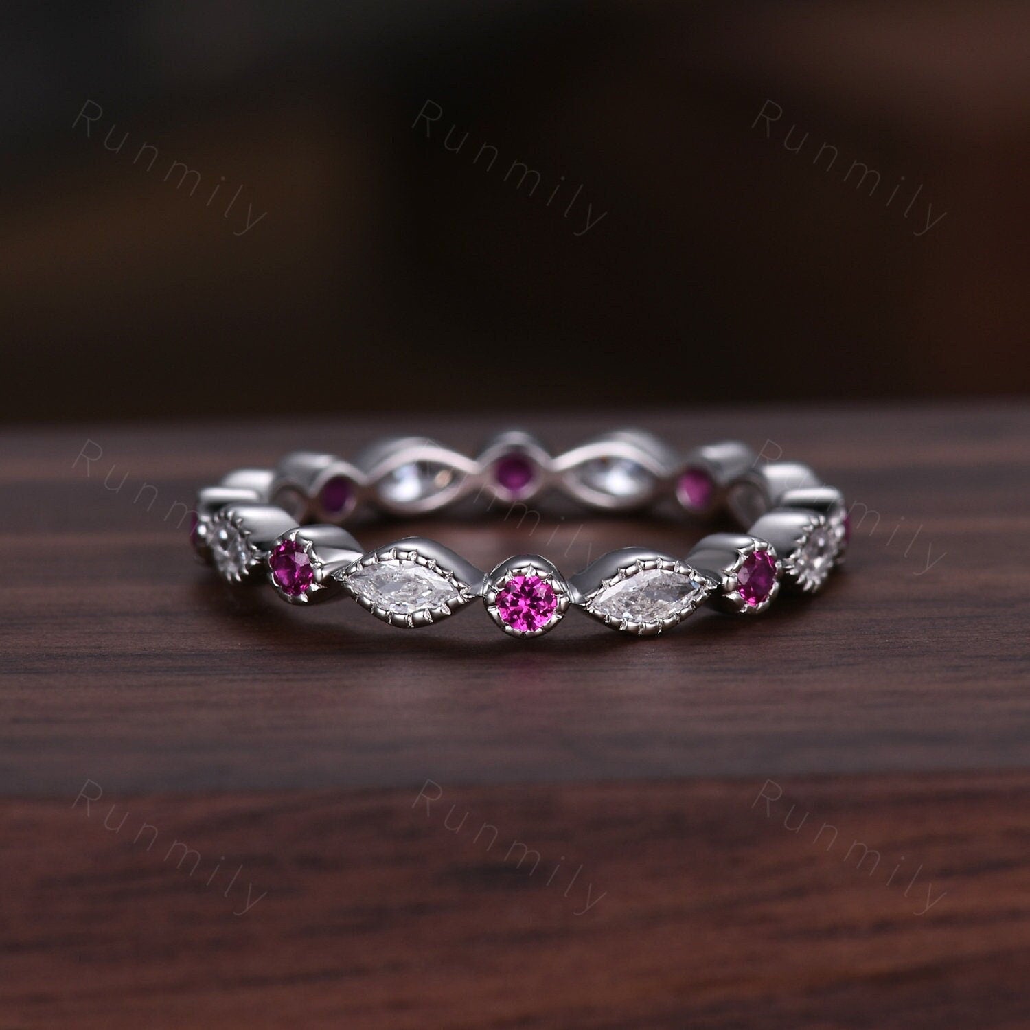 Art deco wedding band women Moissanite wedding band Marquise cut Diamond stacking matching Unique ruby vintage ring Promise gift for her