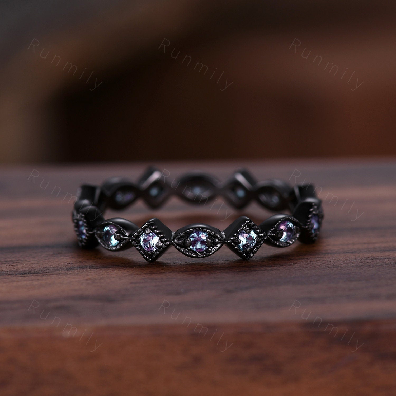 Vintage Alexandrite wedding band art deco eternity wedding band black gold ring unique stacking matching band for women retro vintage ring