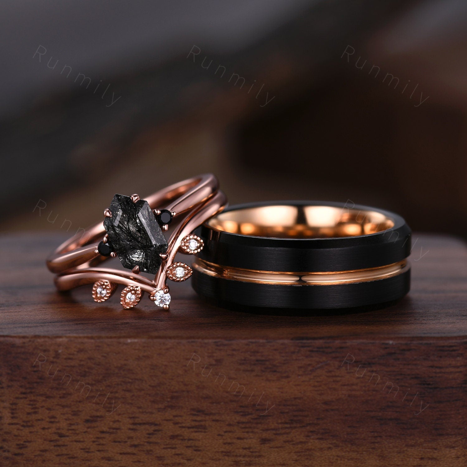 Retro Hexagon Black Rutilated Quartz Ring Set For Couples His and Hers Wedding Band Black Gold Rings Matching Unique Vintage Promise Ring