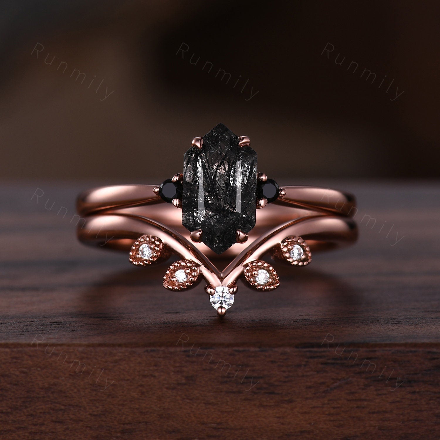 Retro Hexagon Black Rutilated Quartz Ring Set For Couples His and Hers Wedding Band Black Gold Rings Matching Unique Vintage Promise Ring