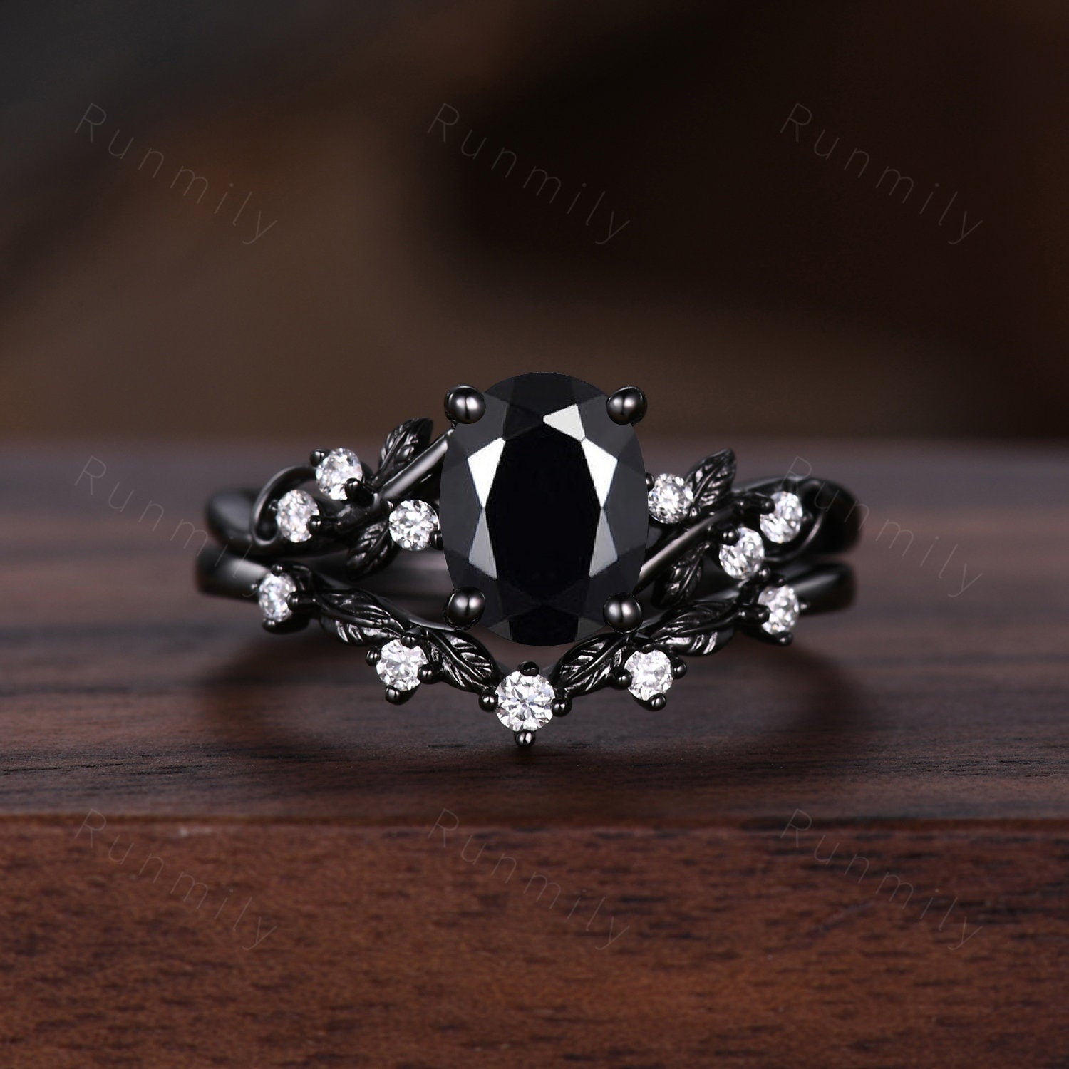 Nature Inspired Black Onyx Couple Ring Set His and Hers Black Gold Wedding Bands Unique Art Deco Oval cut Wedding Set Matching Promise Ring