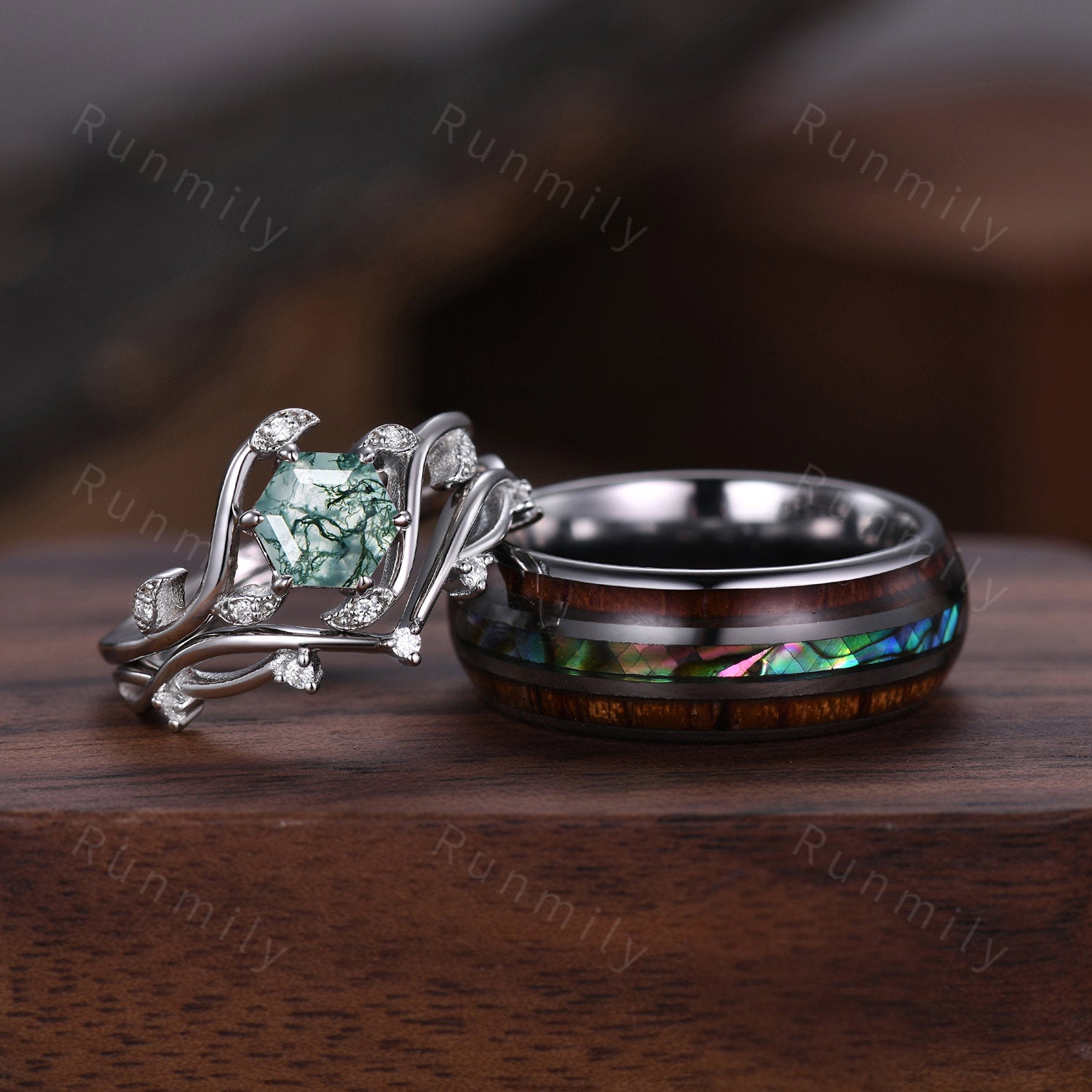Vintage Hexagon Moss Agate Engagement Ring Set Unique Matching Promise Ring For Couples Silver Art Deco Leaf Branch Bridal Wedding Ring Set
