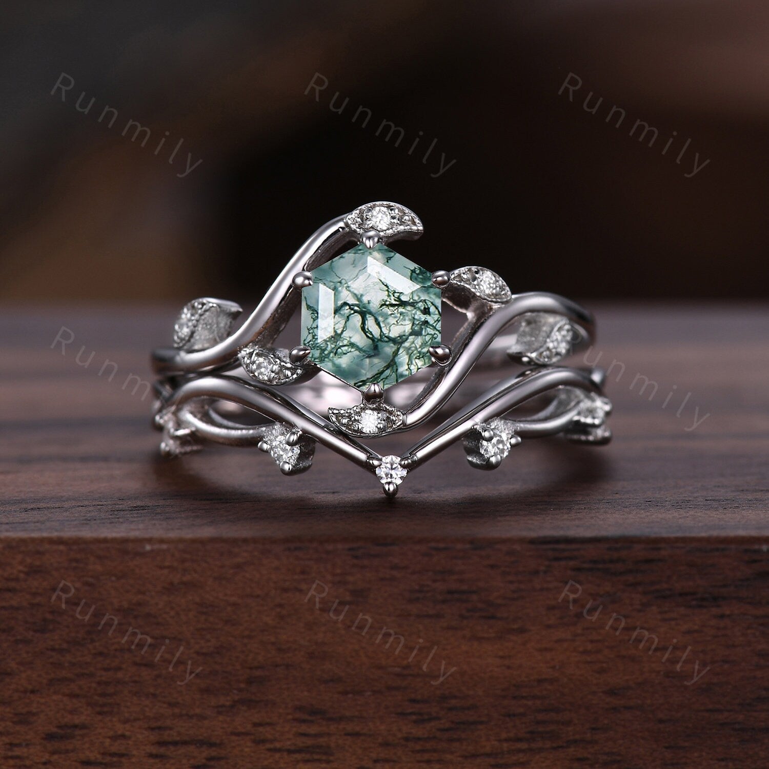 Vintage Hexagon Moss Agate Engagement Ring Set Unique Matching Promise Ring For Couples Silver Art Deco Leaf Branch Bridal Wedding Ring Set