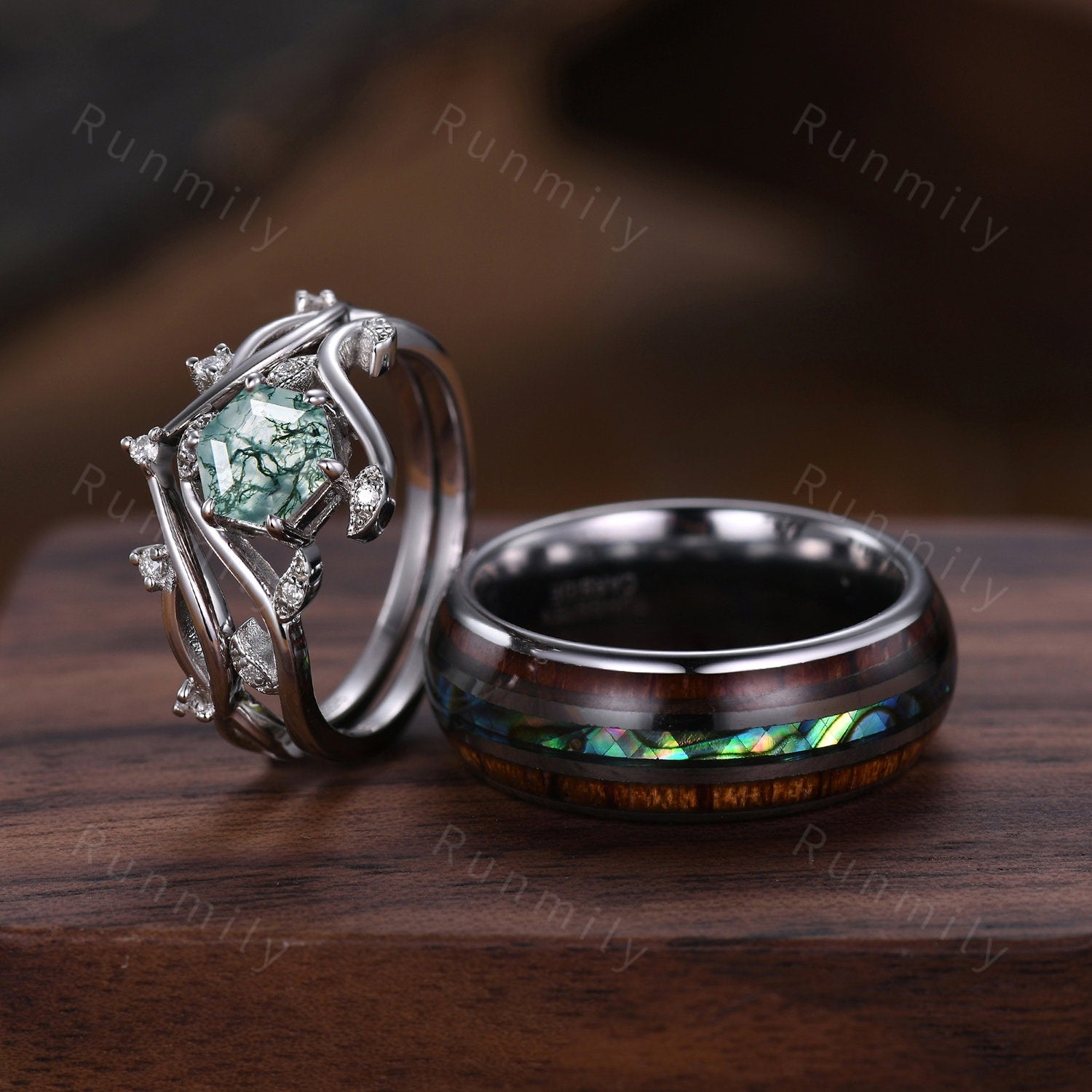 Vintage Hexagon Moss Agate Engagement Ring Set Unique Matching Promise Ring For Couples Silver Art Deco Leaf Branch Bridal Wedding Ring Set