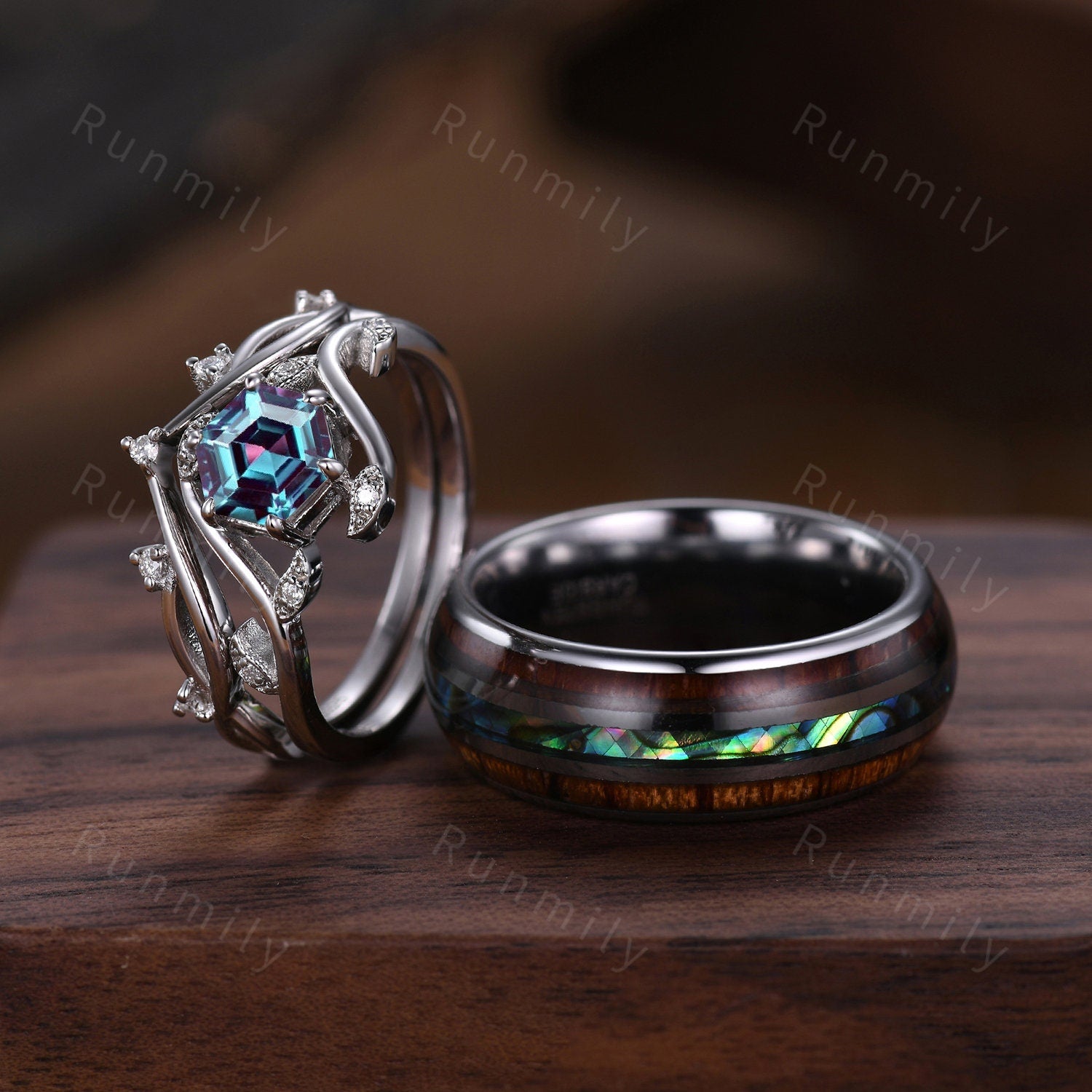 Hexagon cut Alexandrite Ring Set For Couples, His and Hers Wedding Band, Silver & Tungsten Wedding Band, Matching Nature Inspired Ring Set