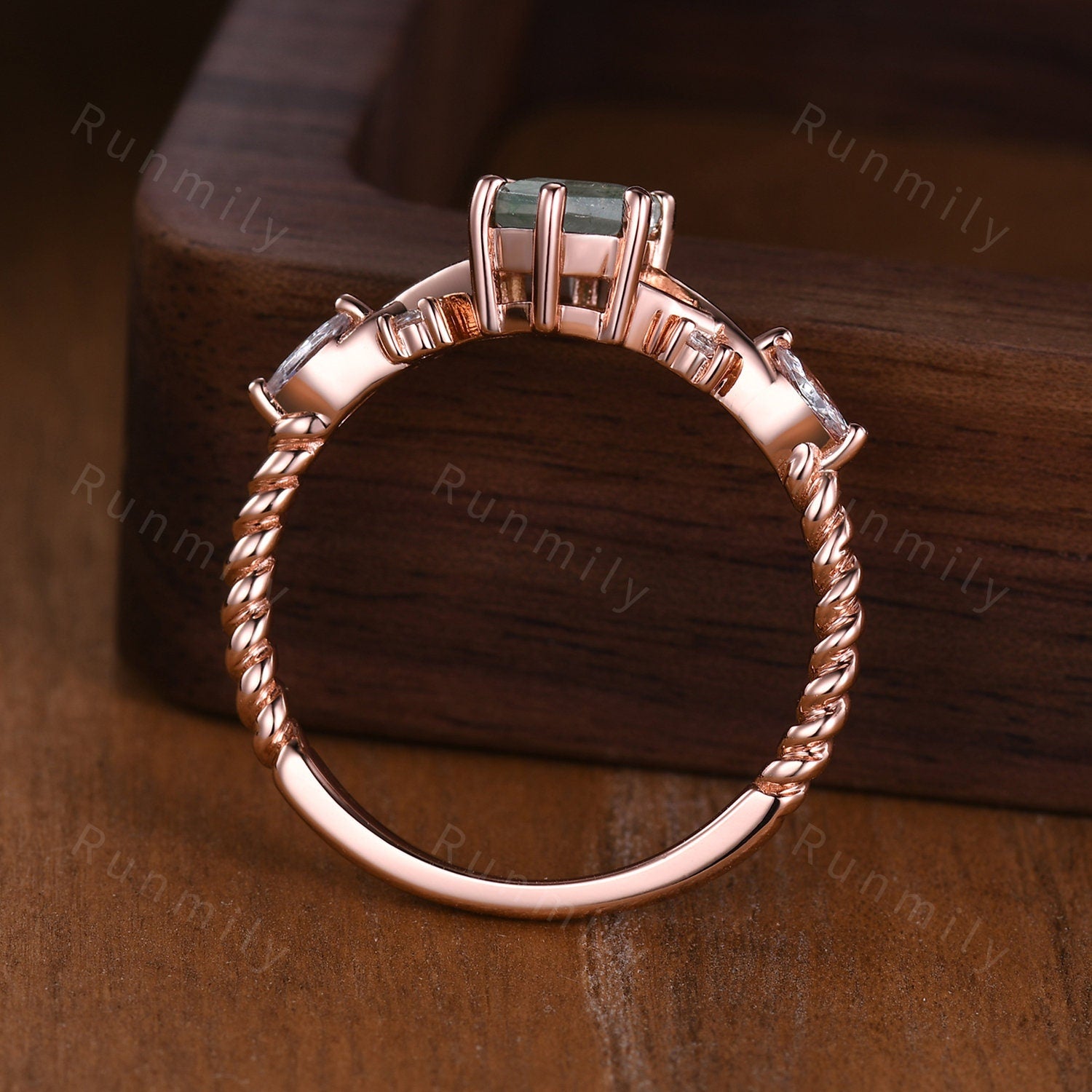 Retro long hexagon moss agate ring vintage rose gold agate engagement ring unique twig twisted moissanite wedding ring bridal promise ring