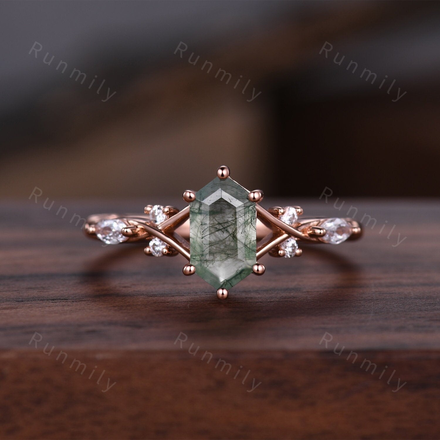 Pear shape moss agate ring vintage rose gold green agate engagement ring unique twig twisted moissanite wedding ring bridal promise ring