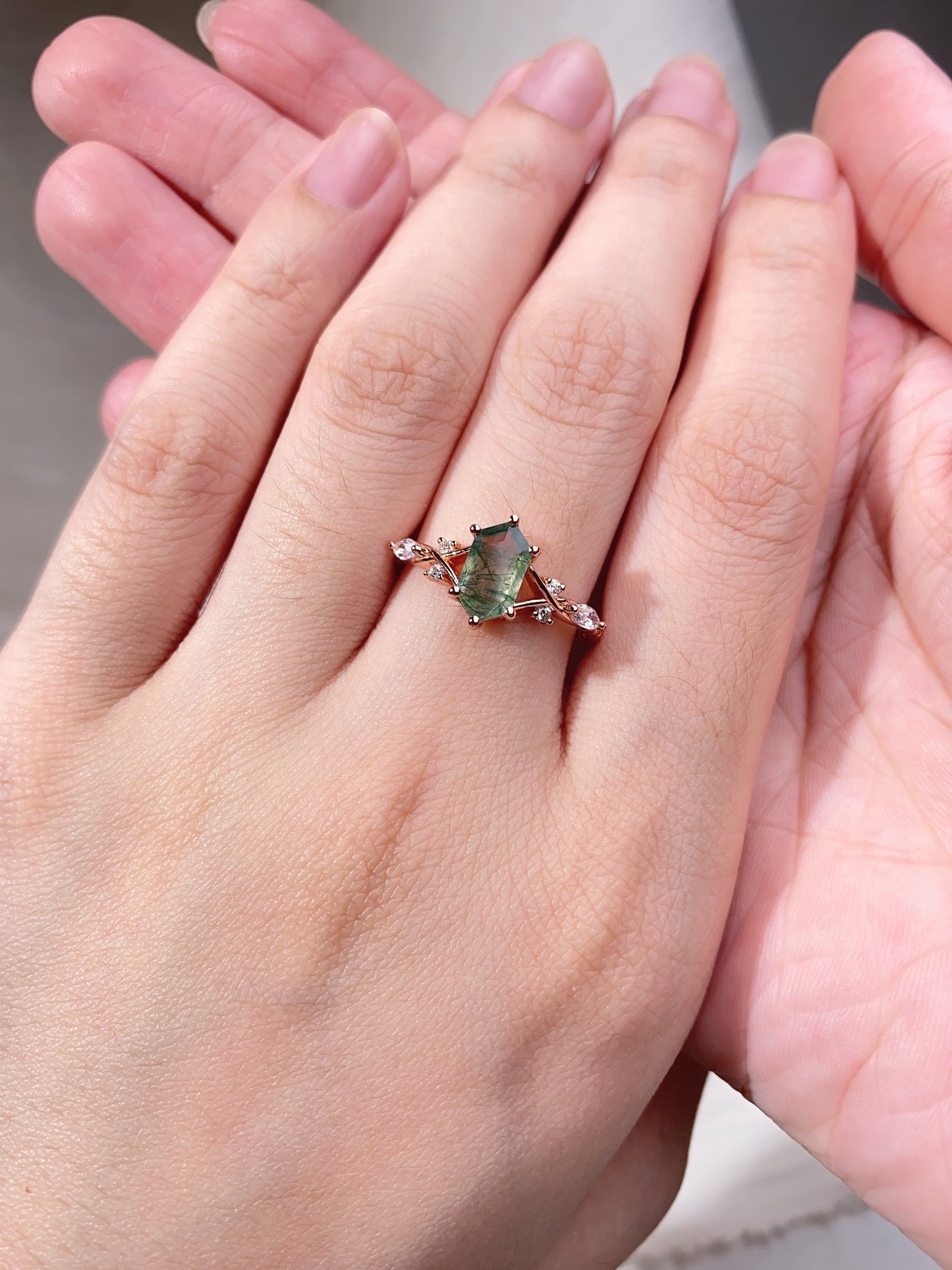 Retro long hexagon moss agate ring vintage rose gold agate engagement ring unique twig twisted moissanite wedding ring bridal promise ring