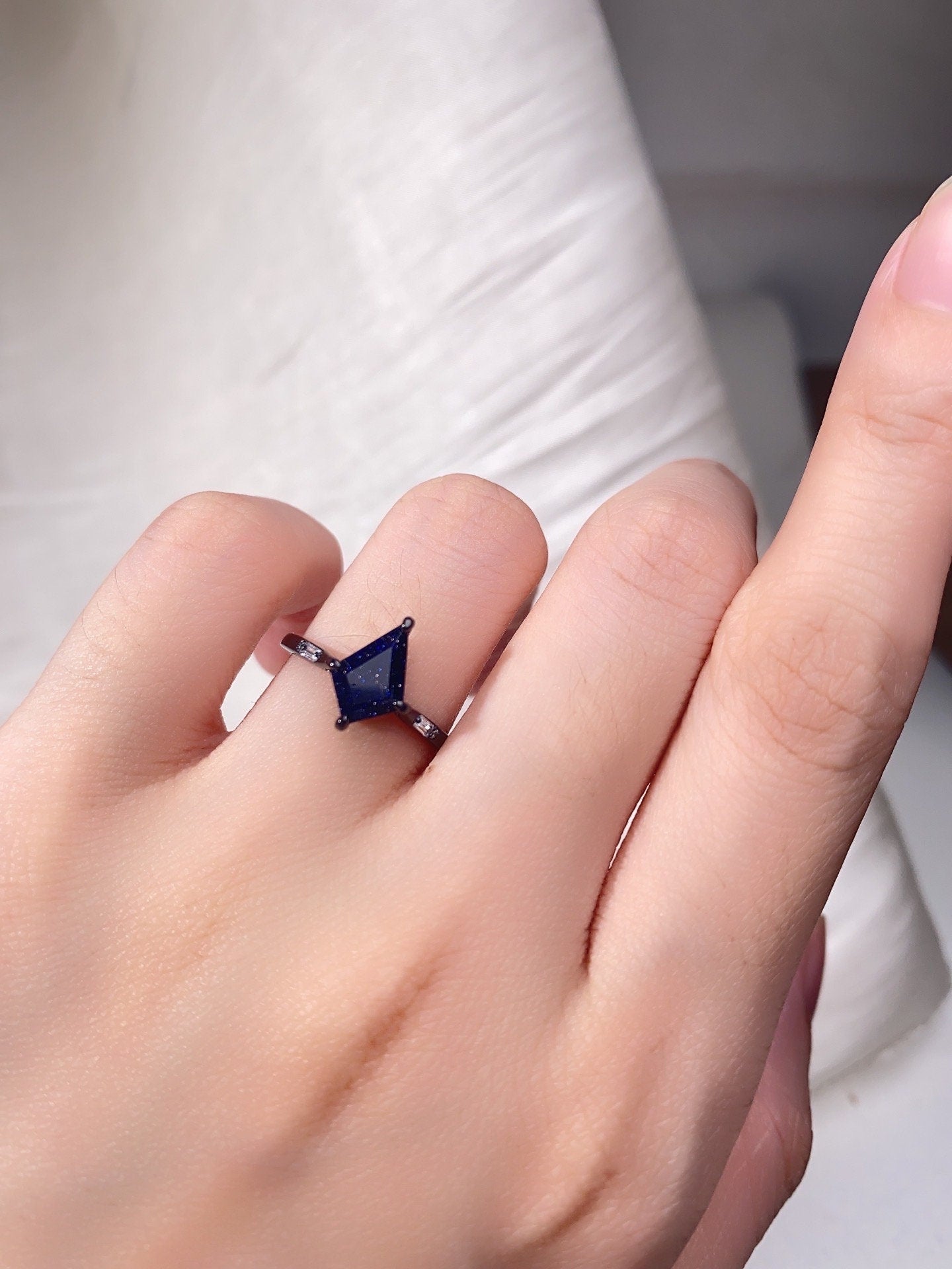 Kite cut blue sandstone engagement ring black gold diamond wedding ring unique art deco galaxy sandstone ring promise anniversary gift